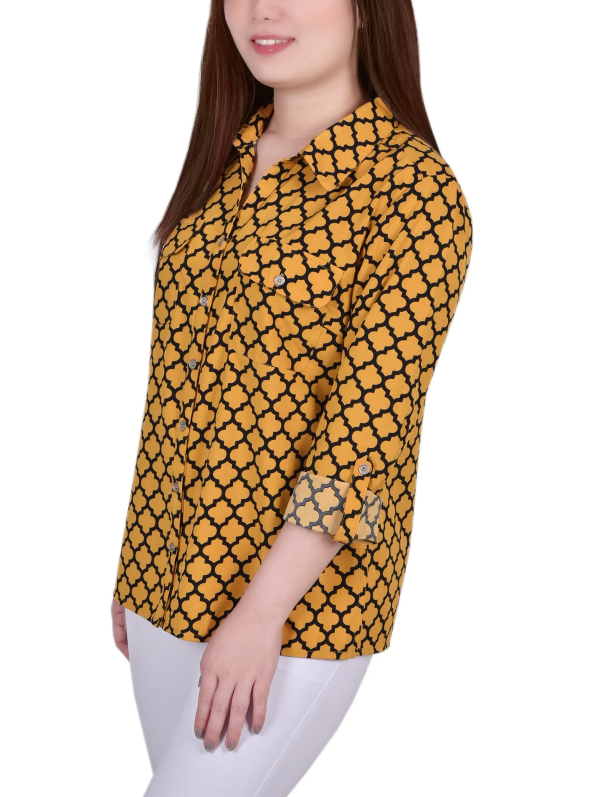 Golden Glow Black Fleur De Li 3/4 Roll Tab Blouse With Pockets - Petite sold by Dress Barn product image thumbnail 2