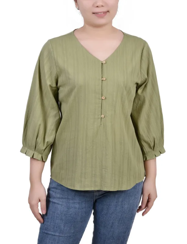Green 3/4 Sleeve Button Placket Jacquard Blouse - Petite sold by Dress Barn