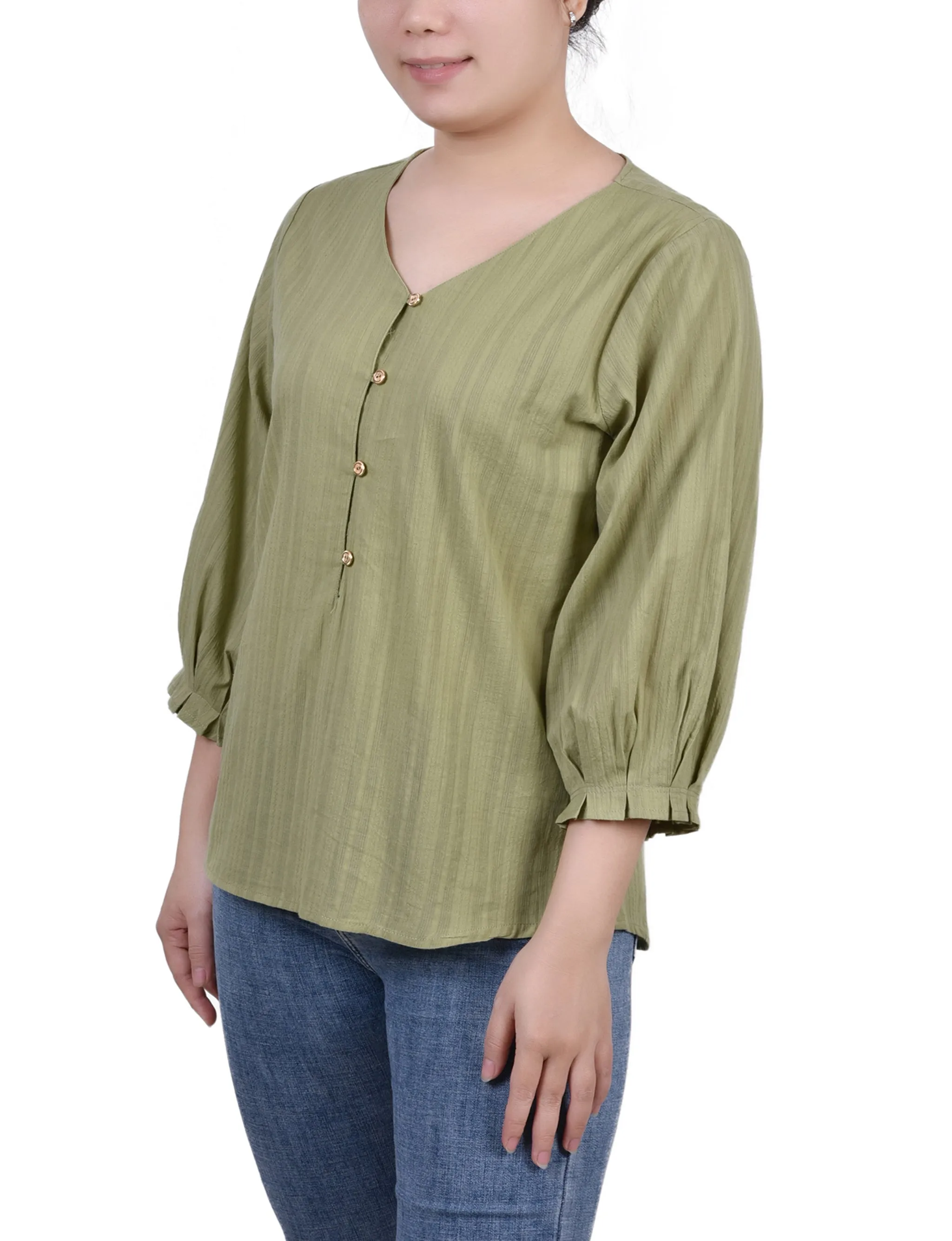 Green 3/4 Sleeve Button Placket Jacquard Blouse - Petite sold by Dress Barn product image thumbnail 2