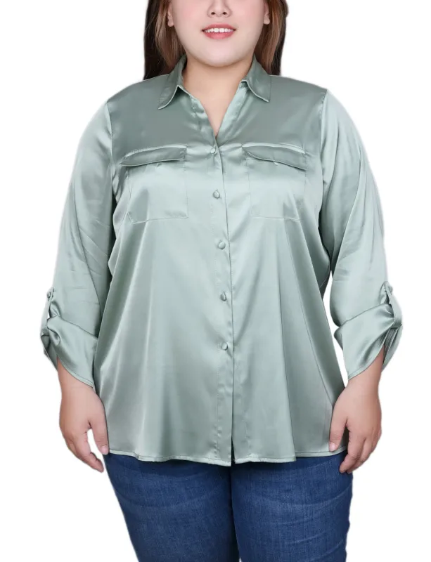 Green 3/4 Sleeve Roll Tab Satin Blouse - Plus Size sold by Dress Barn