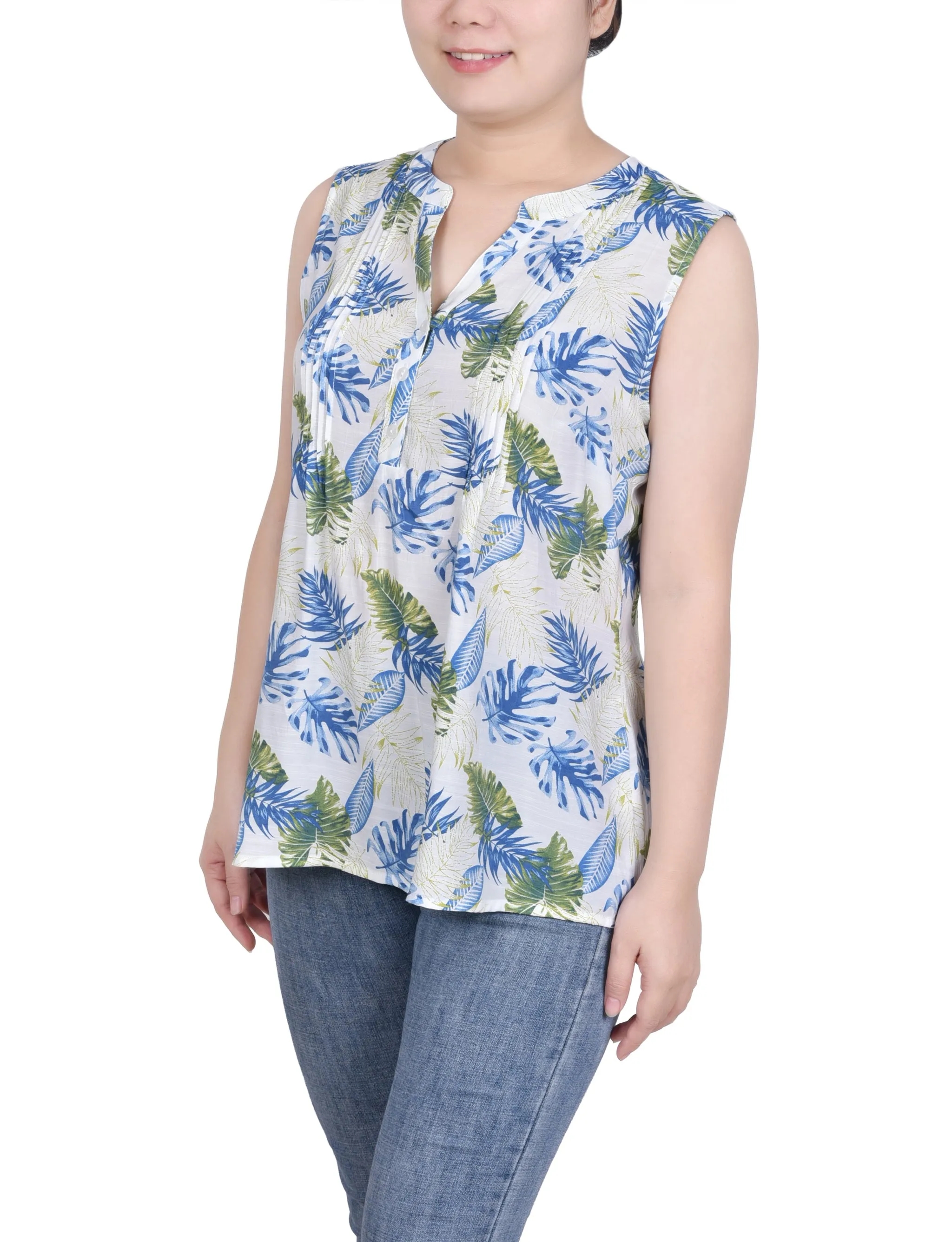 Ivory Tropical Leaves Sleeveless Pintucked Blouse sold by Dress Barn product image thumbnail 2