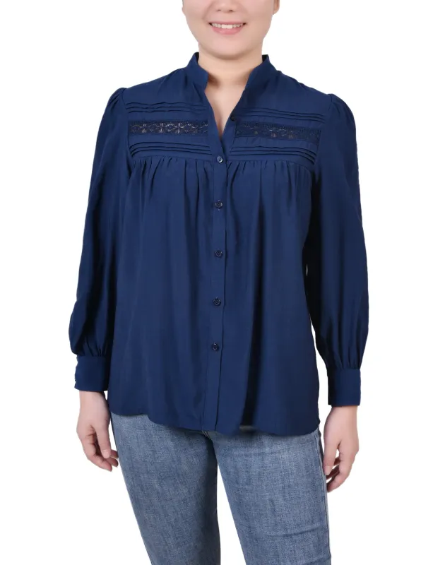 Medieval Blue Long Sleeve Crochet Blouse sold by Dress Barn