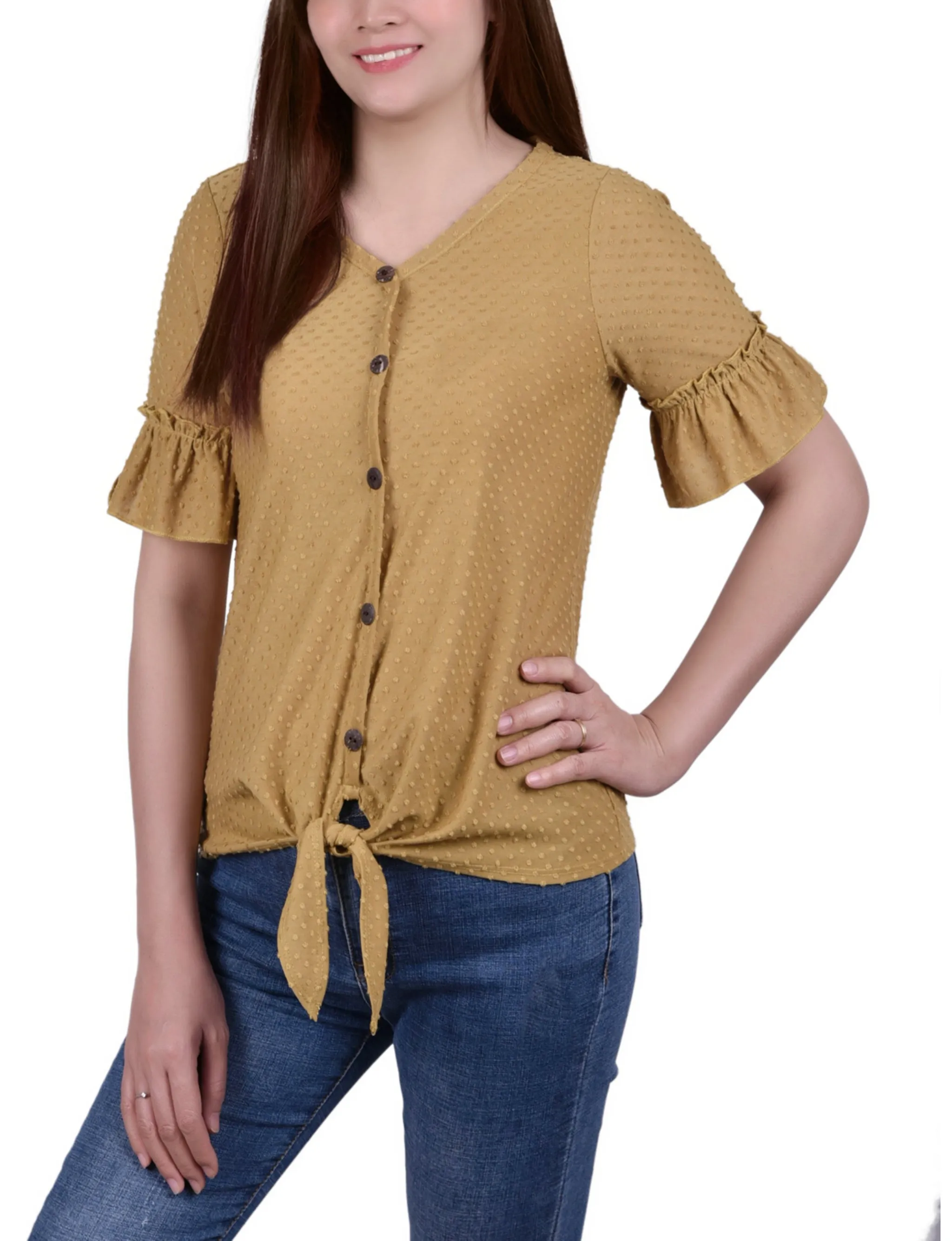 Mustard Bell Sleeve Top sold by Dress Barn
