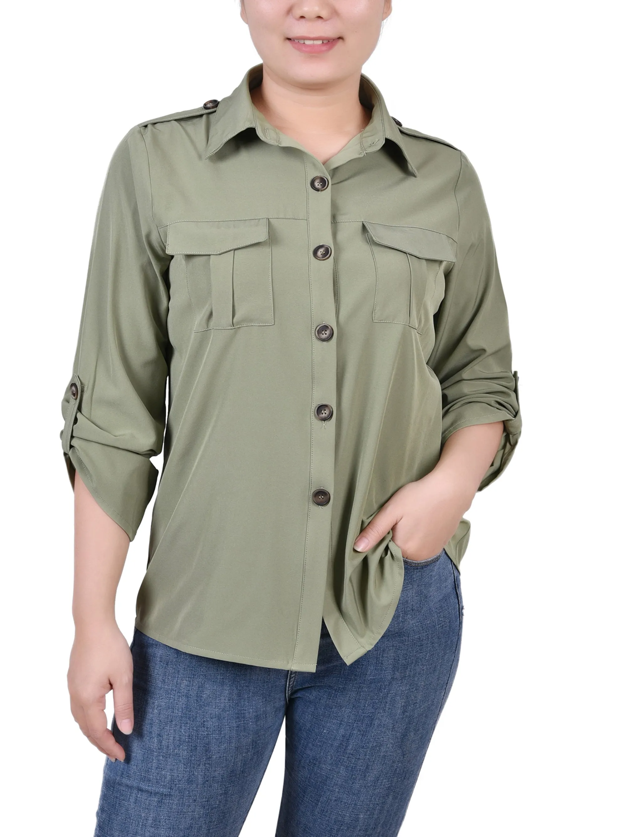 Oil Green 3/4 Sleeve Roll Tab Blouse sold by Dress Barn