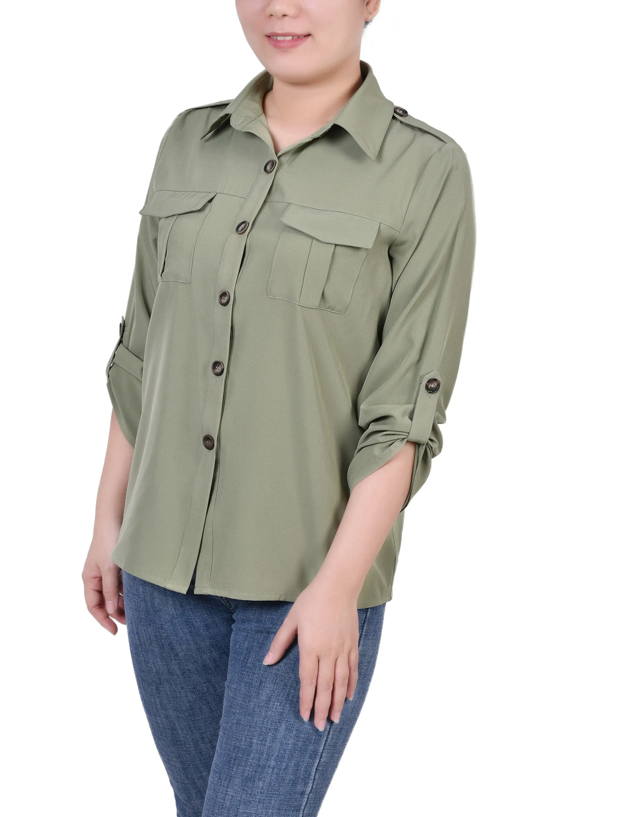 Oil Green 3/4 Sleeve Roll Tab Blouse sold by Dress Barn product image thumbnail 2