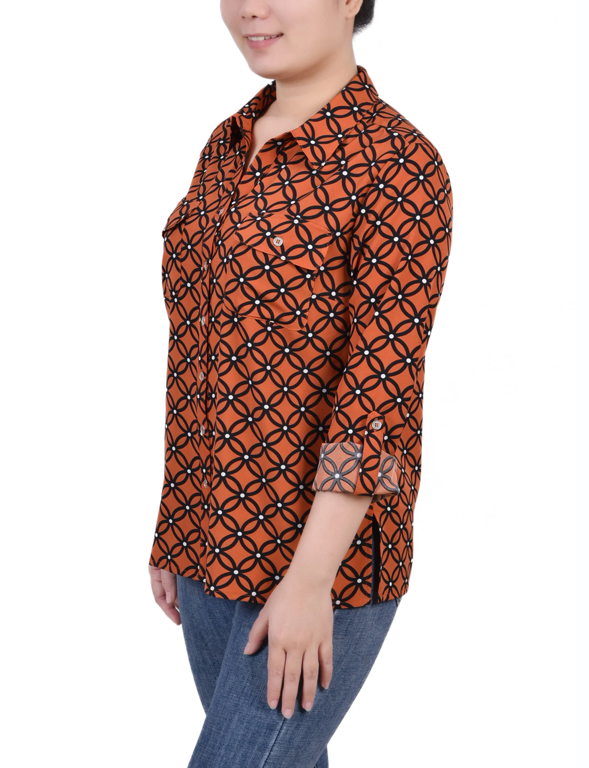 Orange 3/4 Roll Tab Blouse With Pockets - Petite sold by Dress Barn product image thumbnail 2