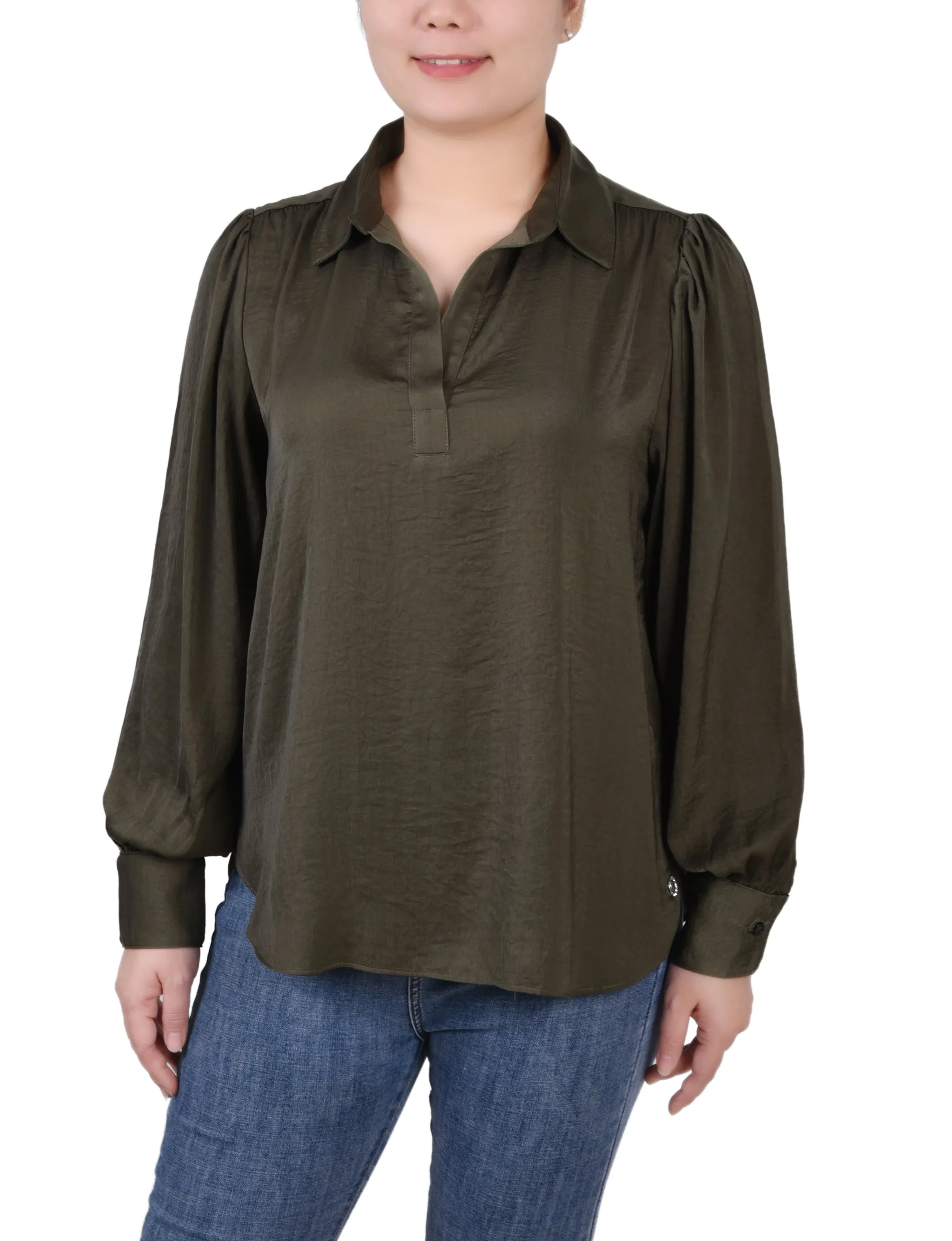 Olive Long Puff Sleeve Satin Blouse sold by Dress Barn
