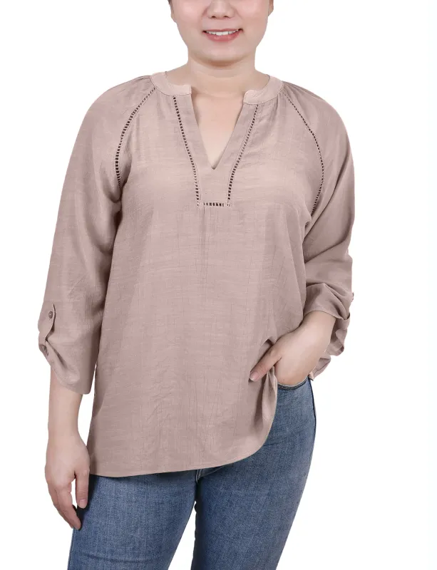 Oxford Tan Raglan Sleeve Split Neck Blouse sold by Dress Barn