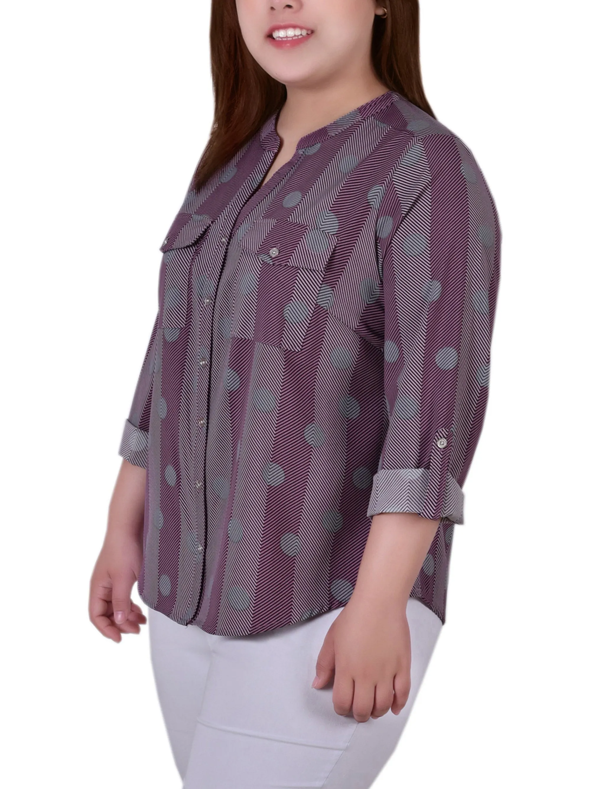 Pink 3/4 Roll Tab Sleeve Mandarin Collar Blouse - Plus Size sold by Dress Barn product image thumbnail 2