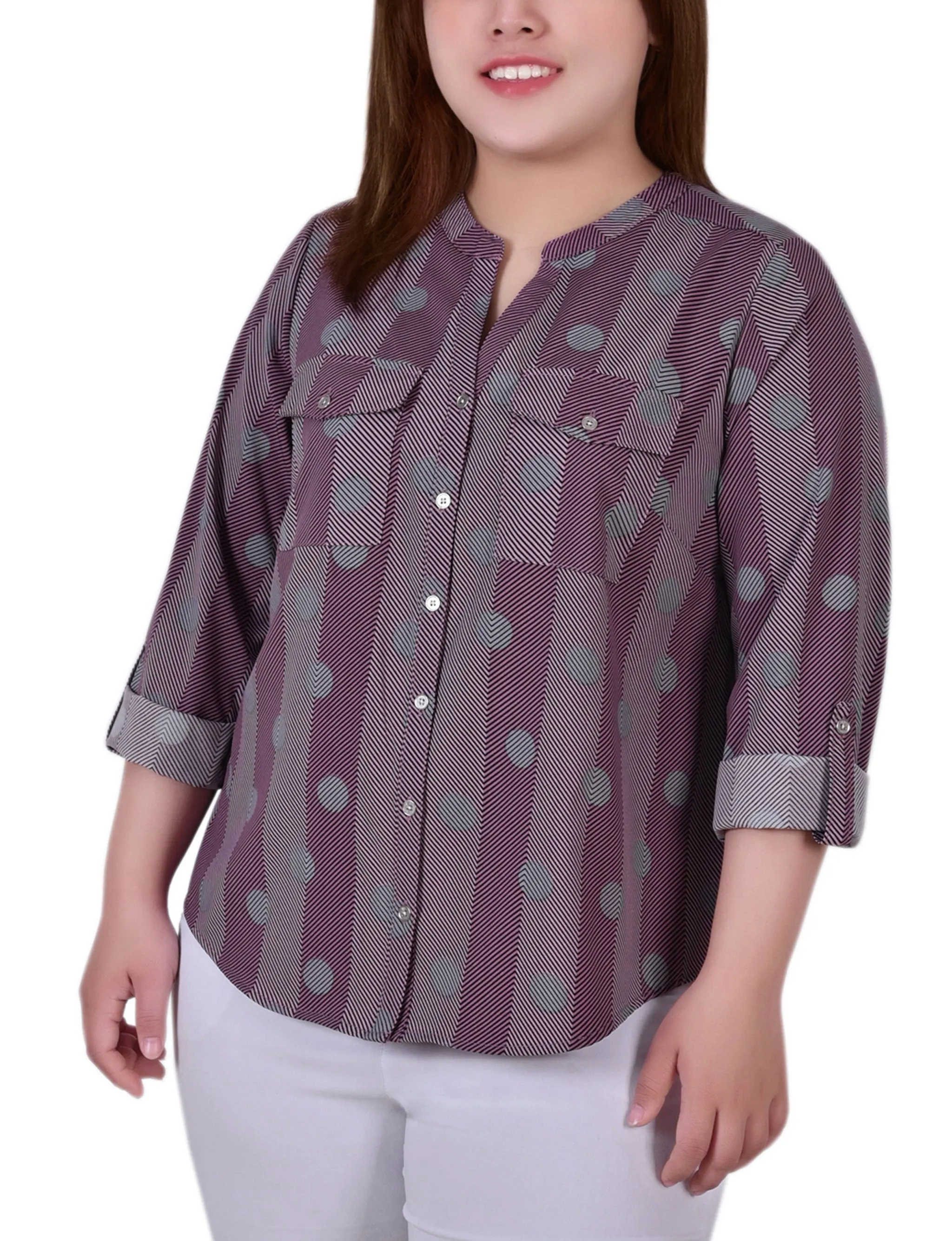 Pink 3/4 Roll Tab Sleeve Mandarin Collar Blouse - Plus Size sold by Dress Barn