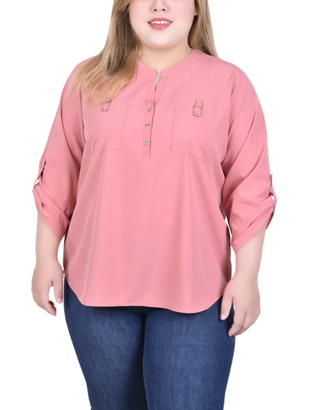 Pink 3/4 Tabbed Sleeve Y Neck Blouse - Plus Size sold by Dress Barn