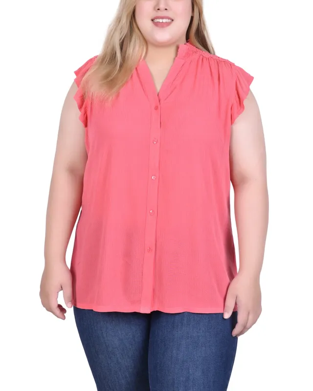 Pink Short Flutter Sleeve Crepon Blouse - Plus Size sold by Dress Barn