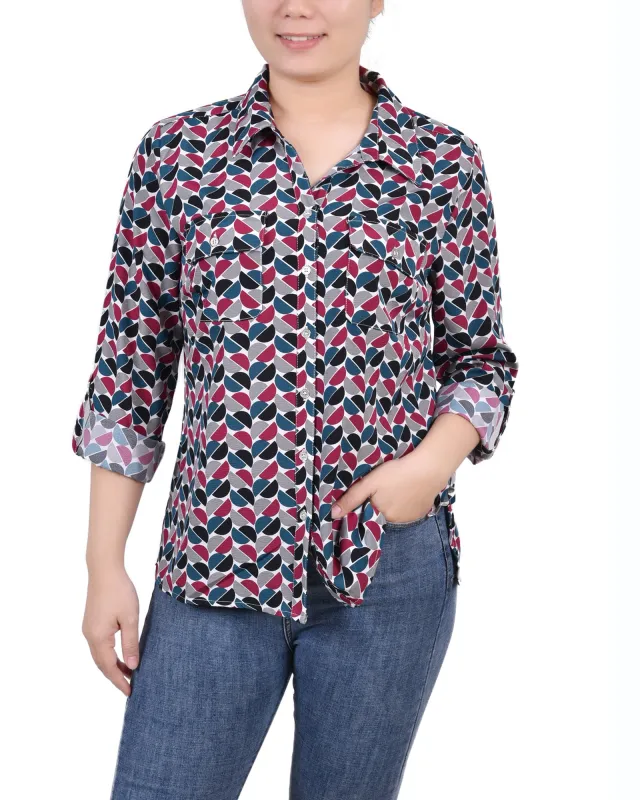 Red 3/4 Roll Tab Blouse With Pockets - Petite sold by Dress Barn