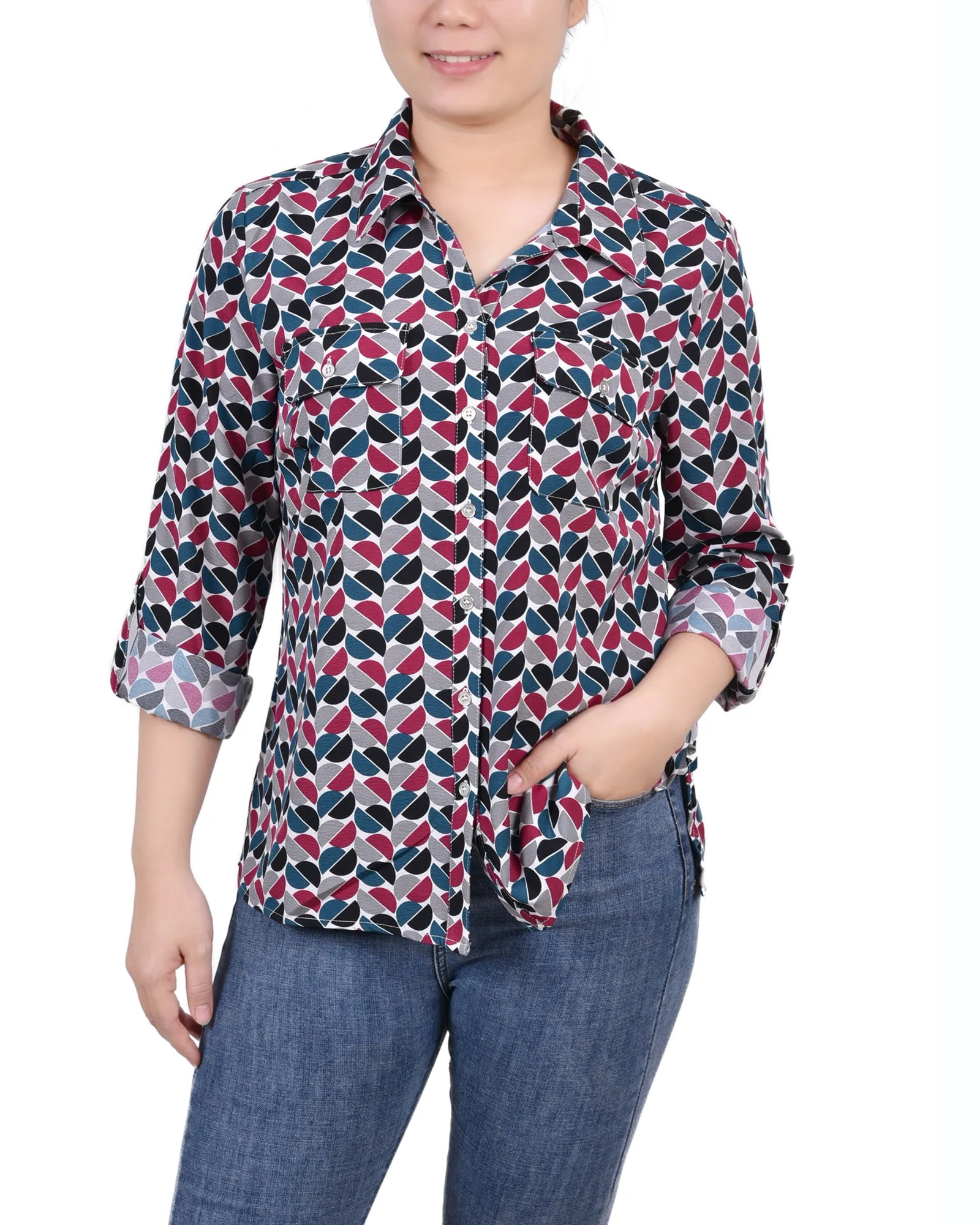 Red 3/4 Roll Tab Blouse With Pockets - Petite sold by Dress Barn