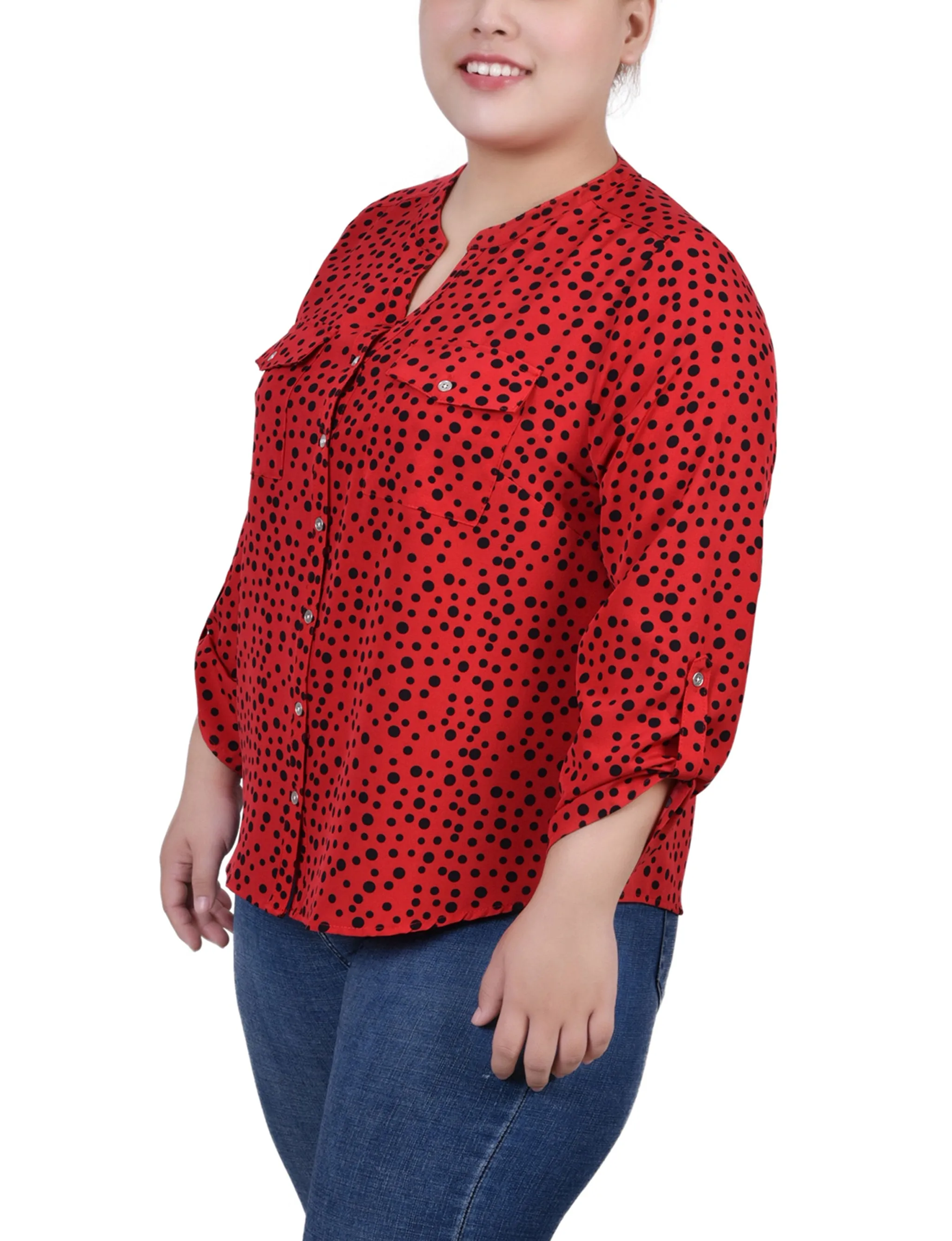 Red 3/4 Roll Tab Sleeve Mandarin Collar Blouse - Plus Size sold by Dress Barn product image thumbnail 2