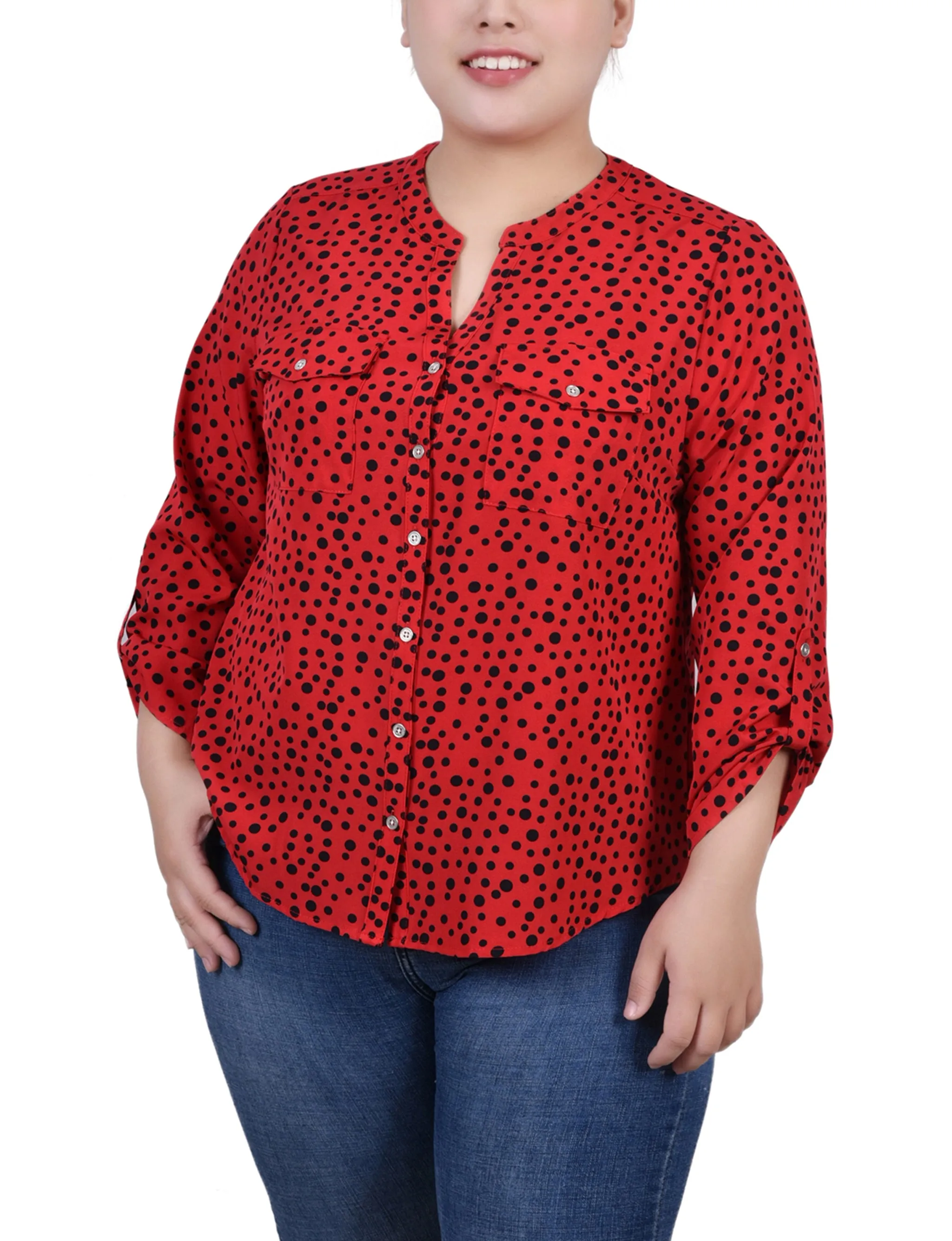 Red 3/4 Roll Tab Sleeve Mandarin Collar Blouse - Plus Size sold by Dress Barn