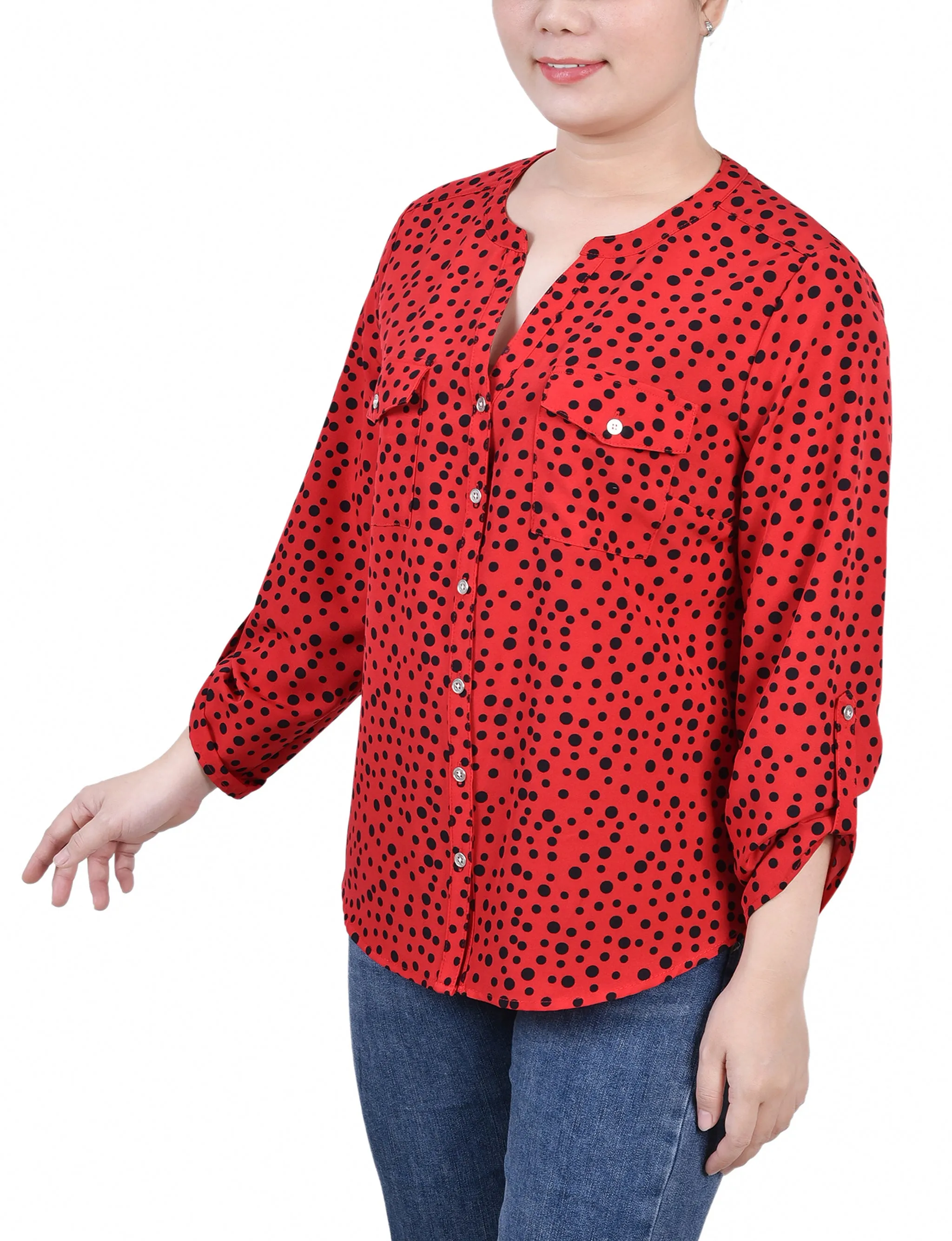 Red 3/4 Roll Tab Sleeve Mandarin Collar Blouse - Petite sold by Dress Barn product image thumbnail 2
