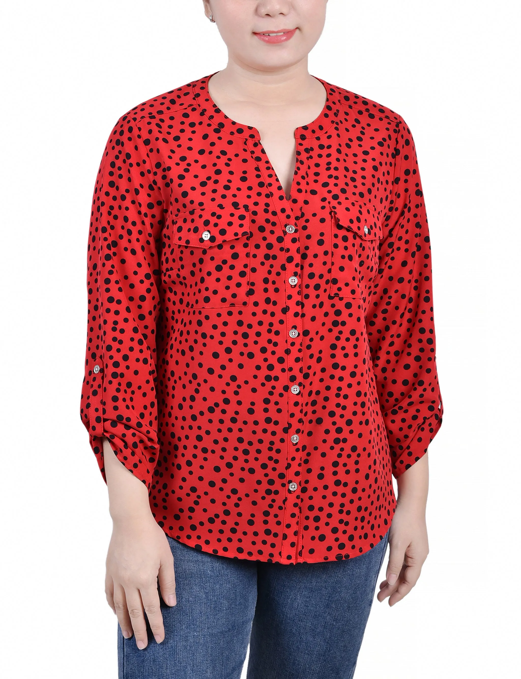 Red 3/4 Roll Tab Sleeve Mandarin Collar Blouse - Petite sold by Dress Barn