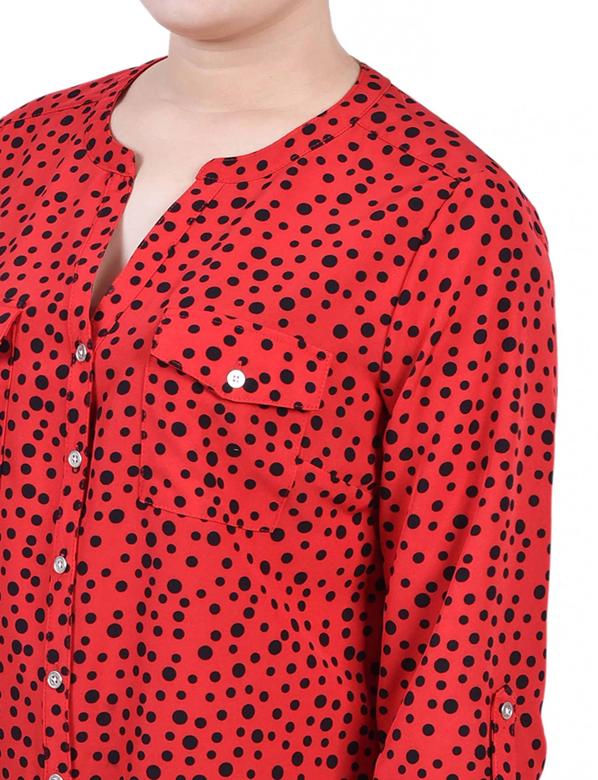 Red 3/4 Roll Tab Sleeve Mandarin Collar Blouse - Petite sold by Dress Barn product image thumbnail 3