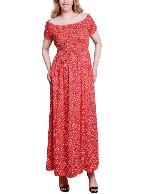 Red Floral Smocked Bodice Maxi Dress sold by Dress Barn