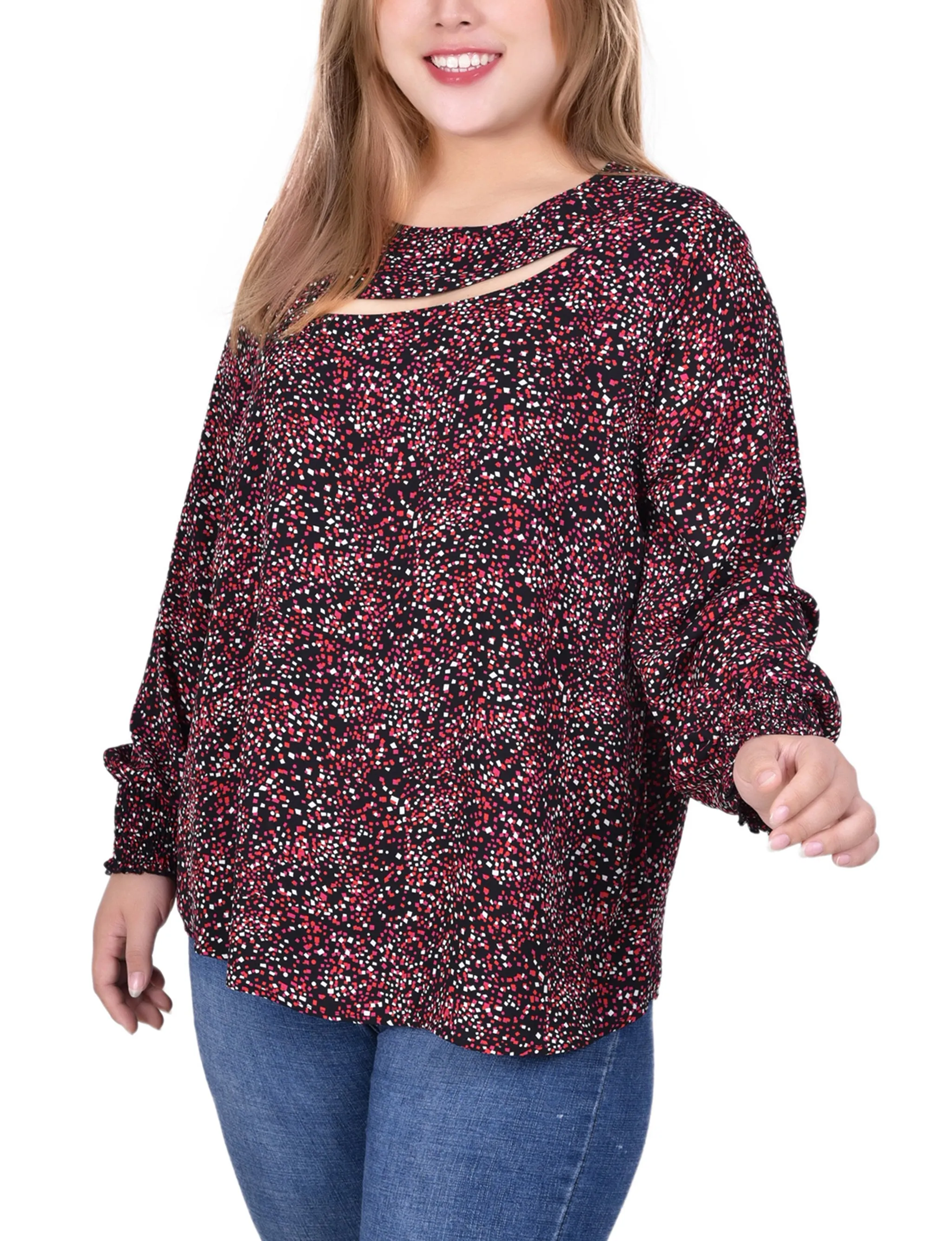 Red Smocked Cuff Blouse With Neckline Cutout - Plus Size sold by Dress Barn