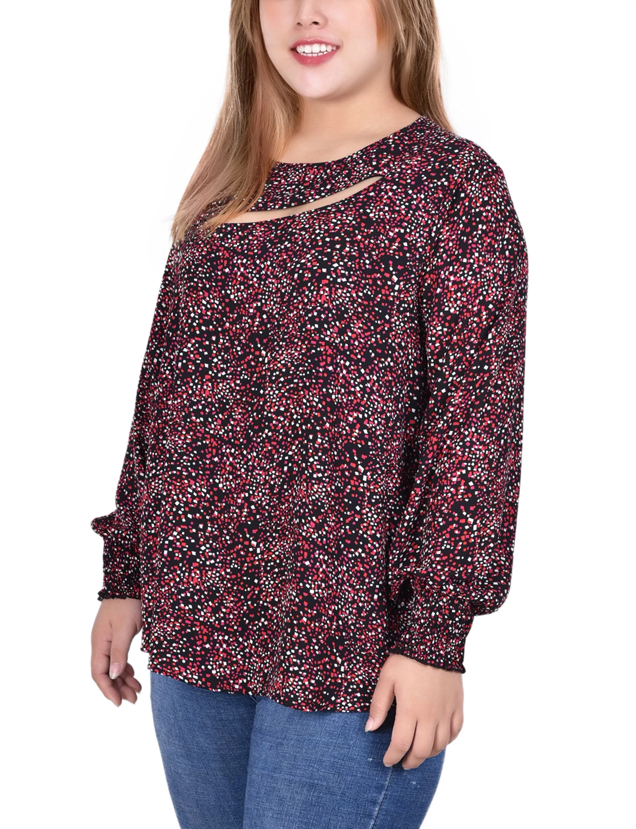 Red Smocked Cuff Blouse With Neckline Cutout - Plus Size sold by Dress Barn product image thumbnail 2