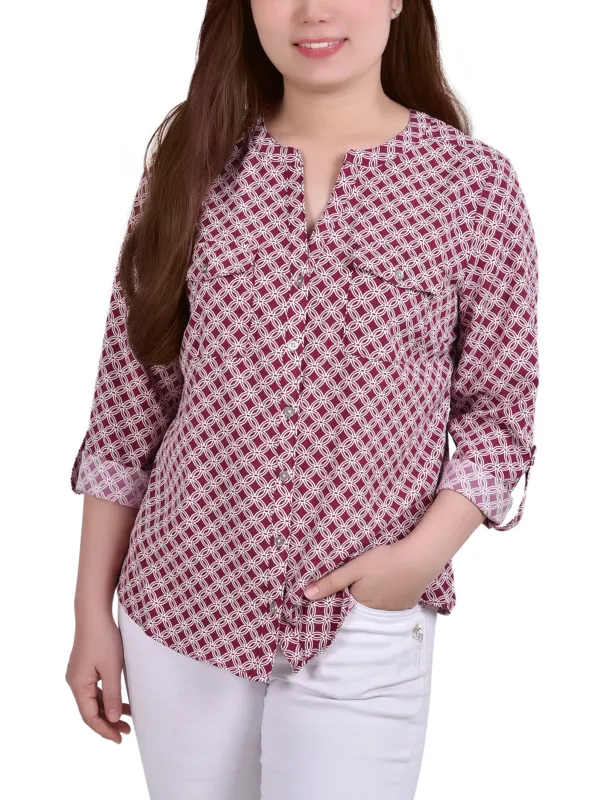 Rodedendrum White New Iconic 3/4 Roll Tab Sleeve Mandarin Collar Blouse - Petite sold by Dress Barn