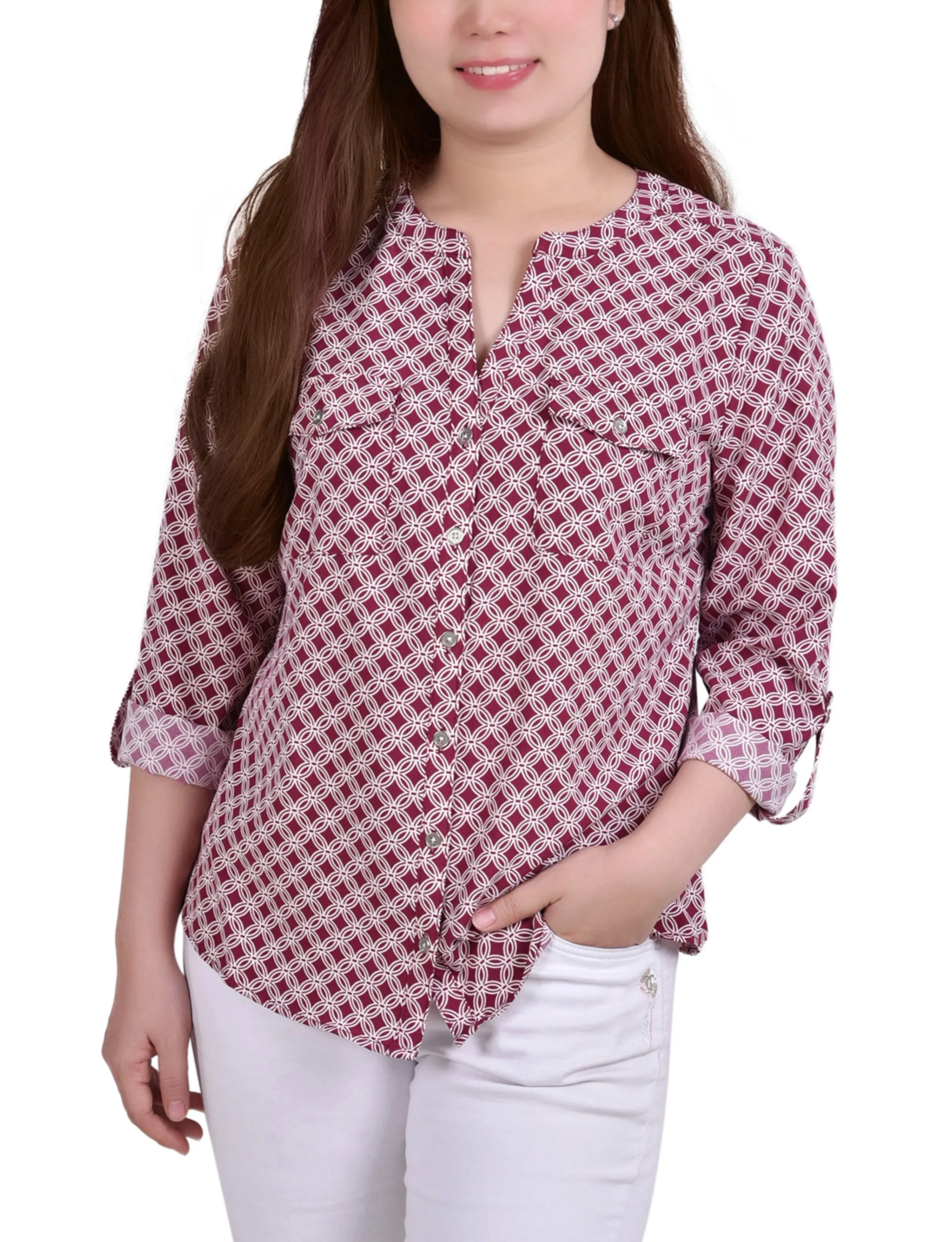 Rodedendrum White New Iconic 3/4 Roll Tab Sleeve Mandarin Collar Blouse - Petite sold by Dress Barn