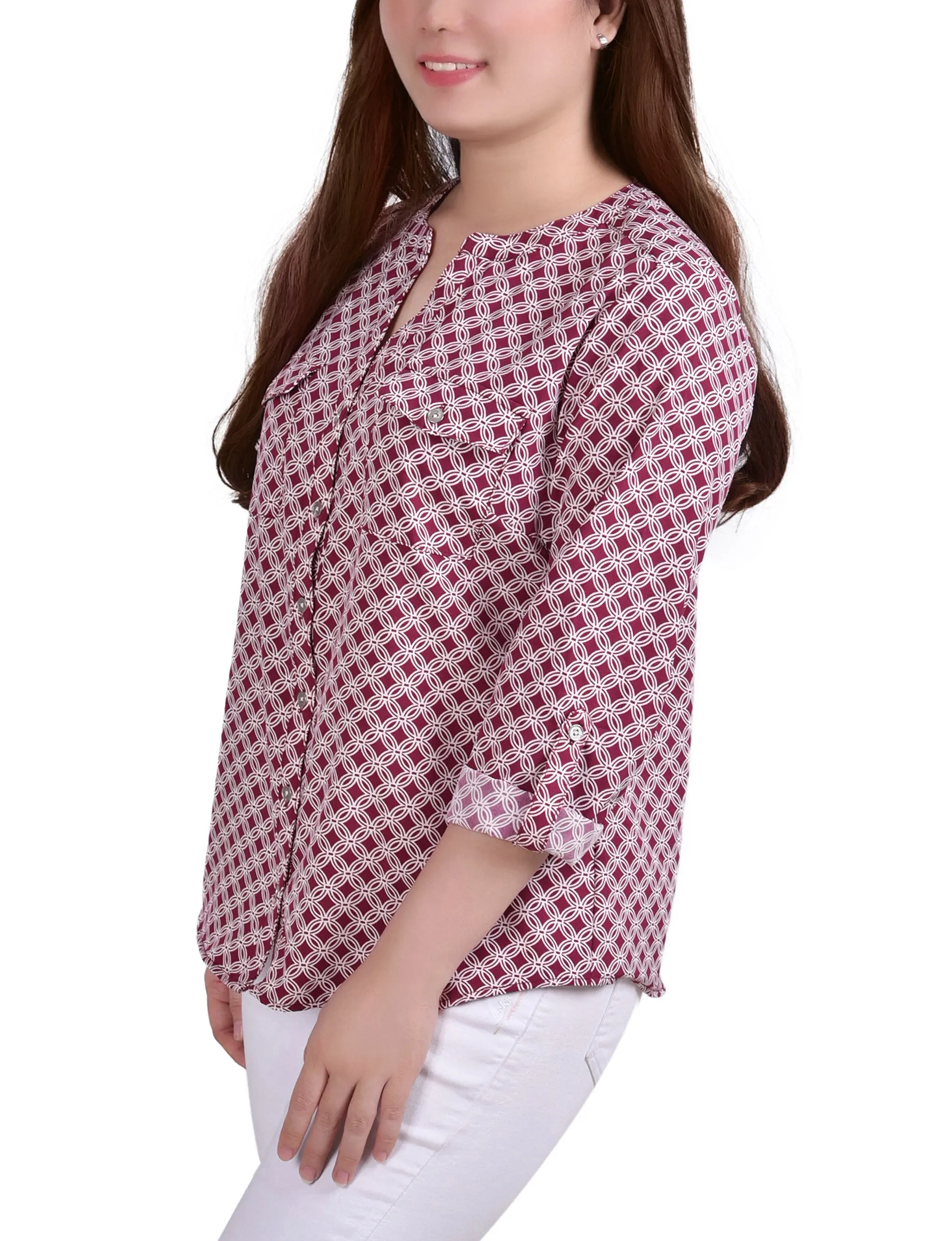 Rodedendrum White New Iconic 3/4 Roll Tab Sleeve Mandarin Collar Blouse - Petite sold by Dress Barn product image thumbnail 2