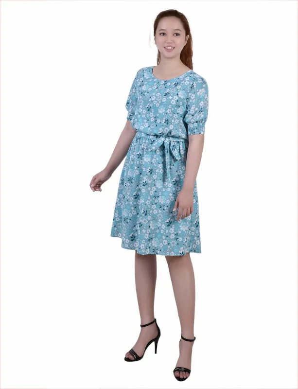 Teal Disty Floral Short Sleeve Pebble Crepe Dress sold by Dress Barn