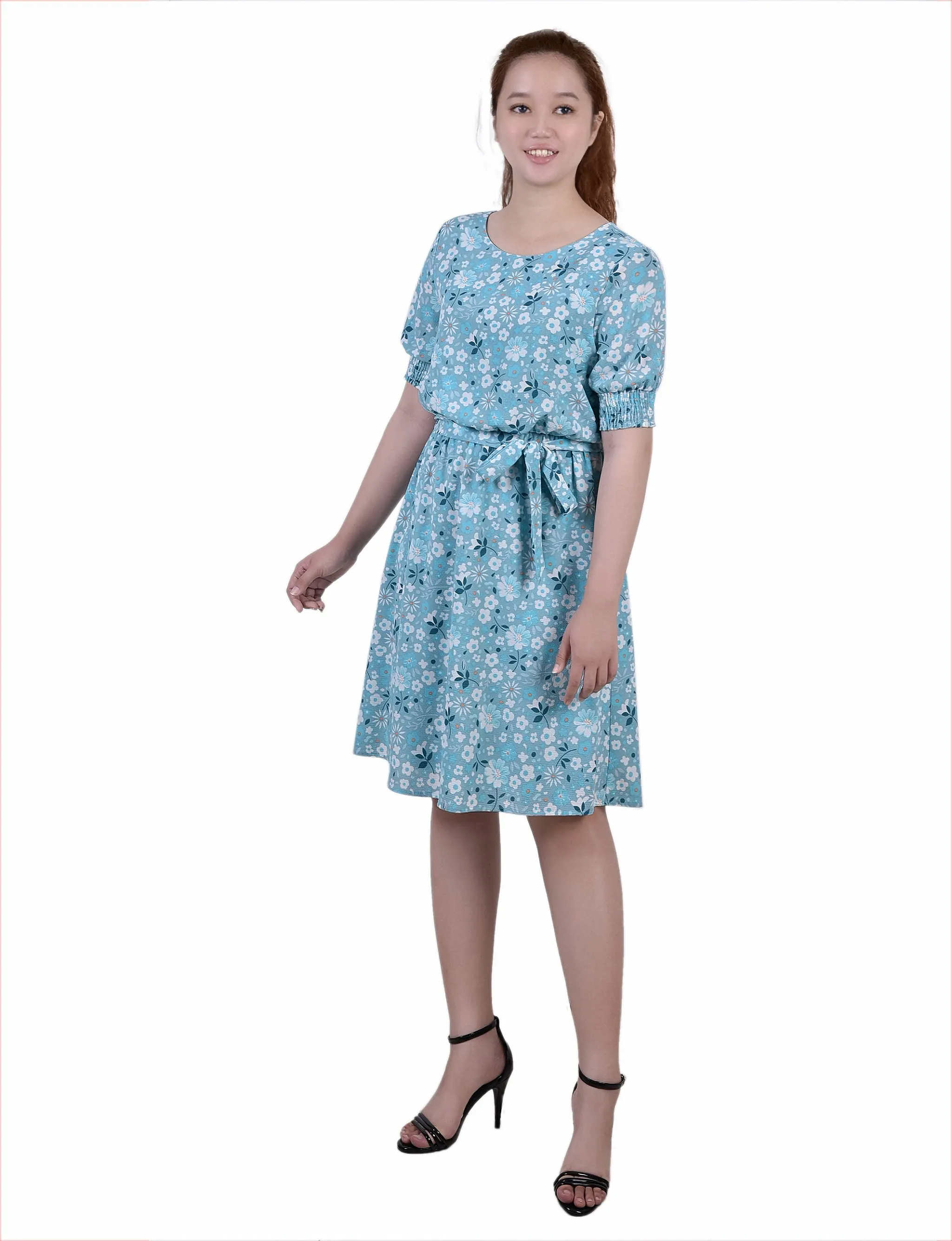 Teal Disty Floral Short Sleeve Pebble Crepe Dress sold by Dress Barn