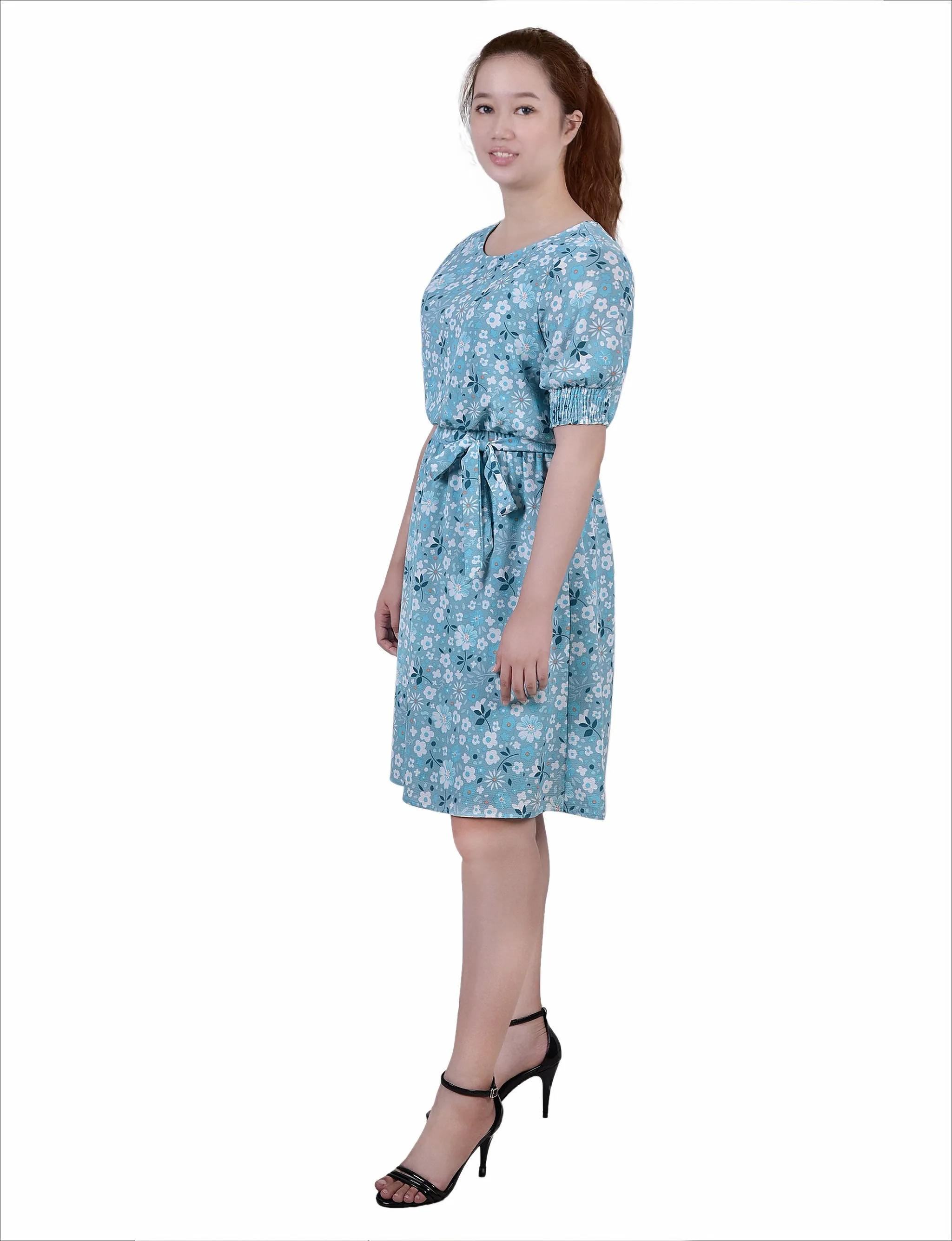 Teal Disty Floral Short Sleeve Pebble Crepe Dress sold by Dress Barn product image thumbnail 2