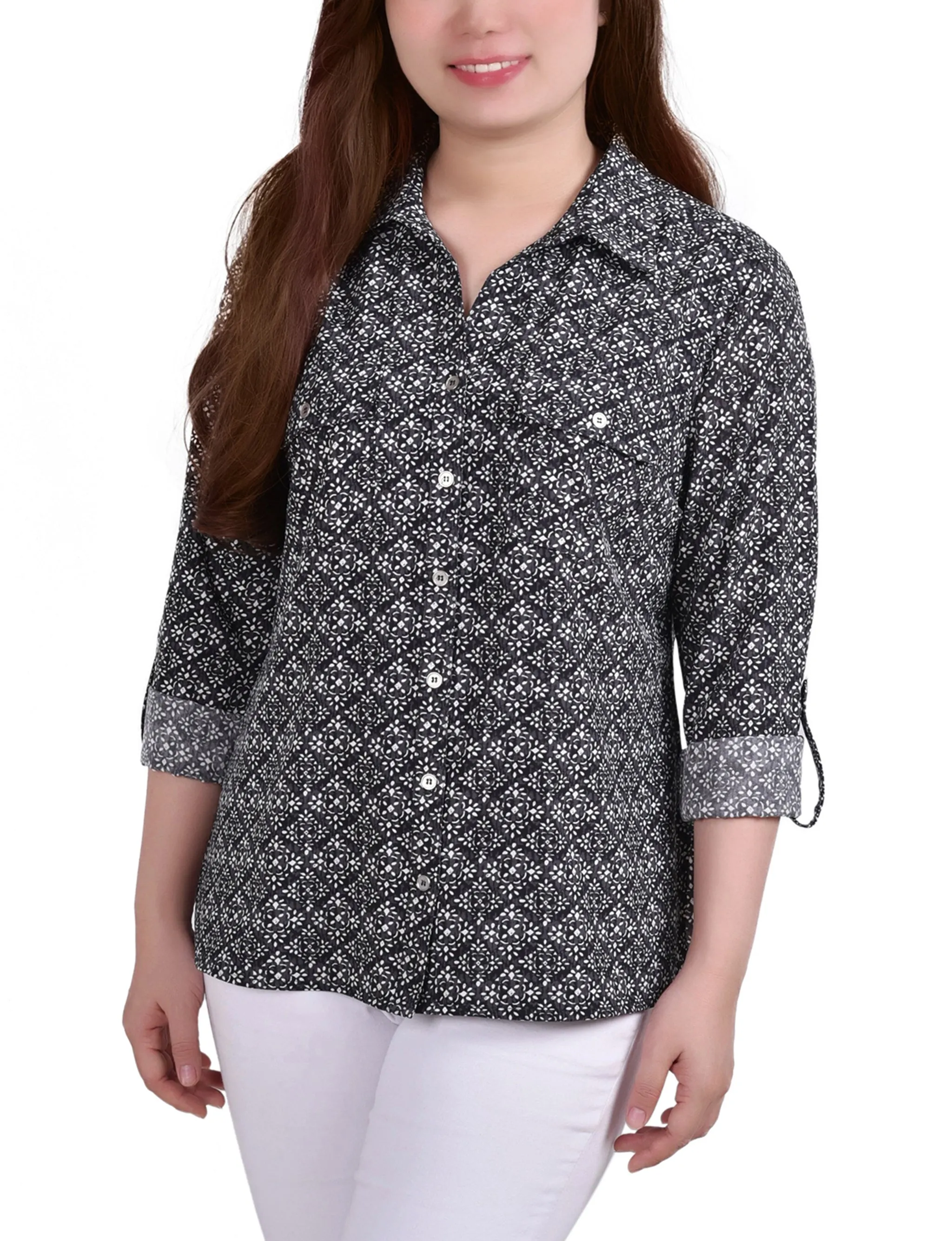 White 3/4 Roll Tab Blouse With Pockets - Petite sold by Dress Barn