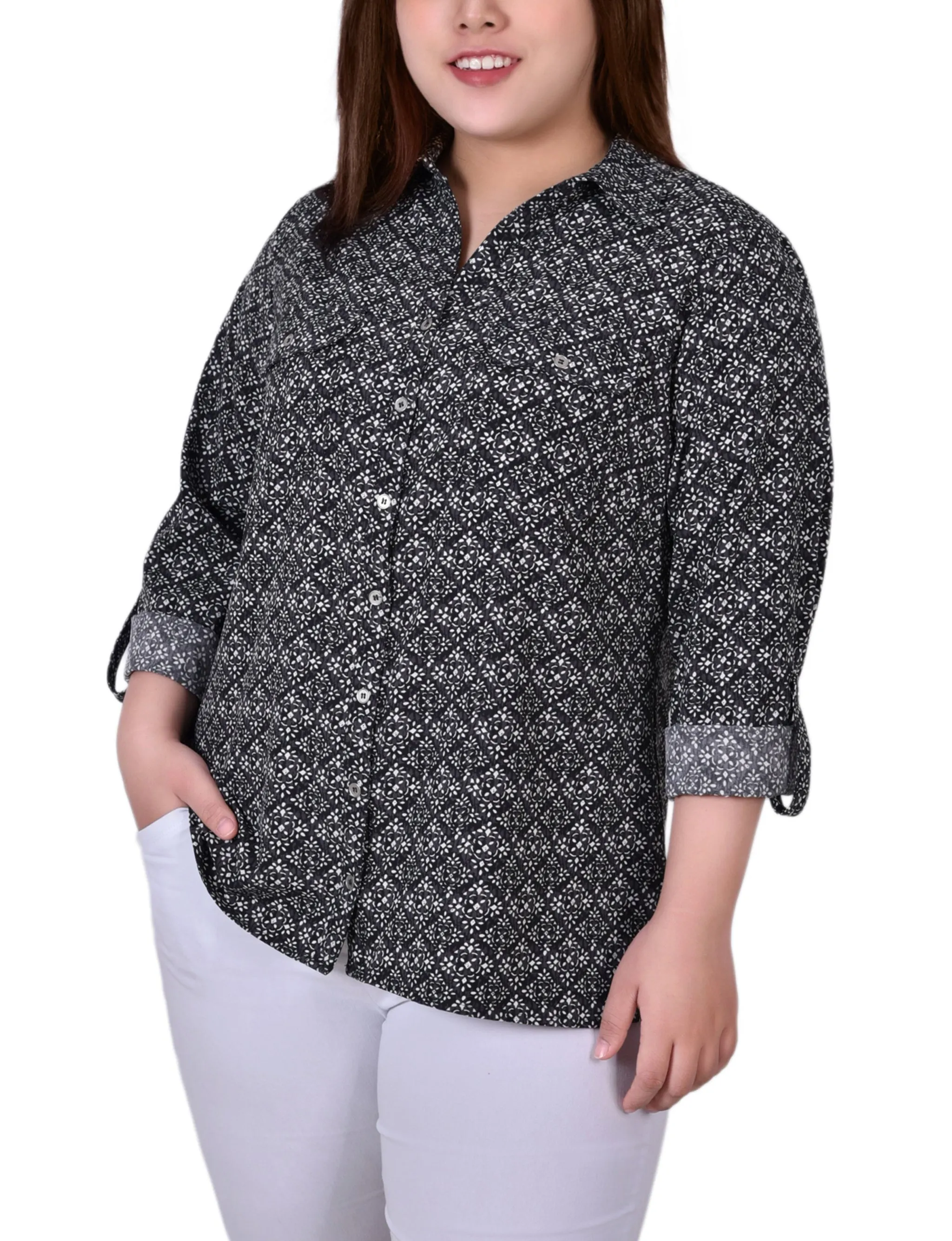 White 3/4 Roll Tab Blouse With Pockets - Plus Size sold by Dress Barn