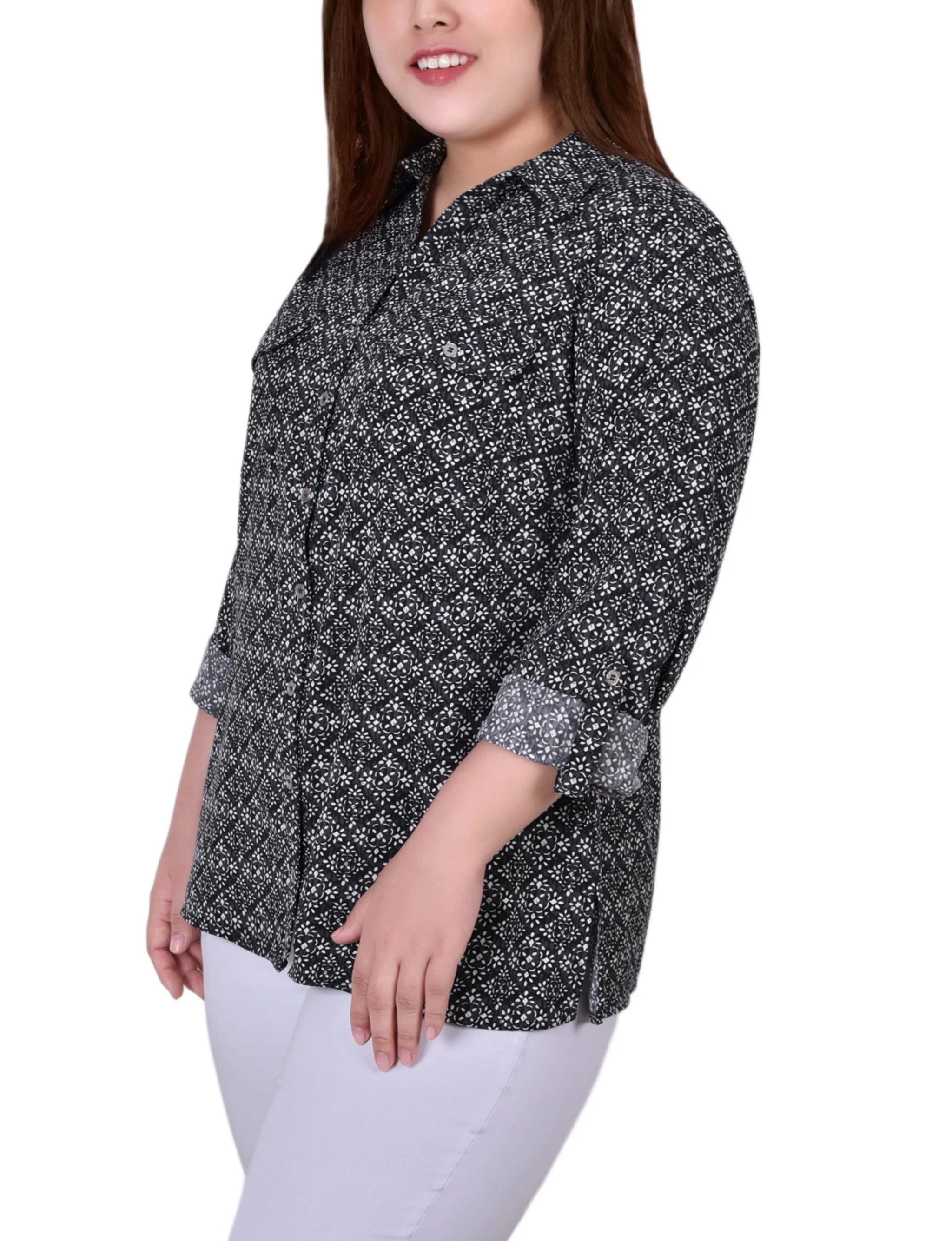 White 3/4 Roll Tab Blouse With Pockets - Plus Size sold by Dress Barn product image thumbnail 2