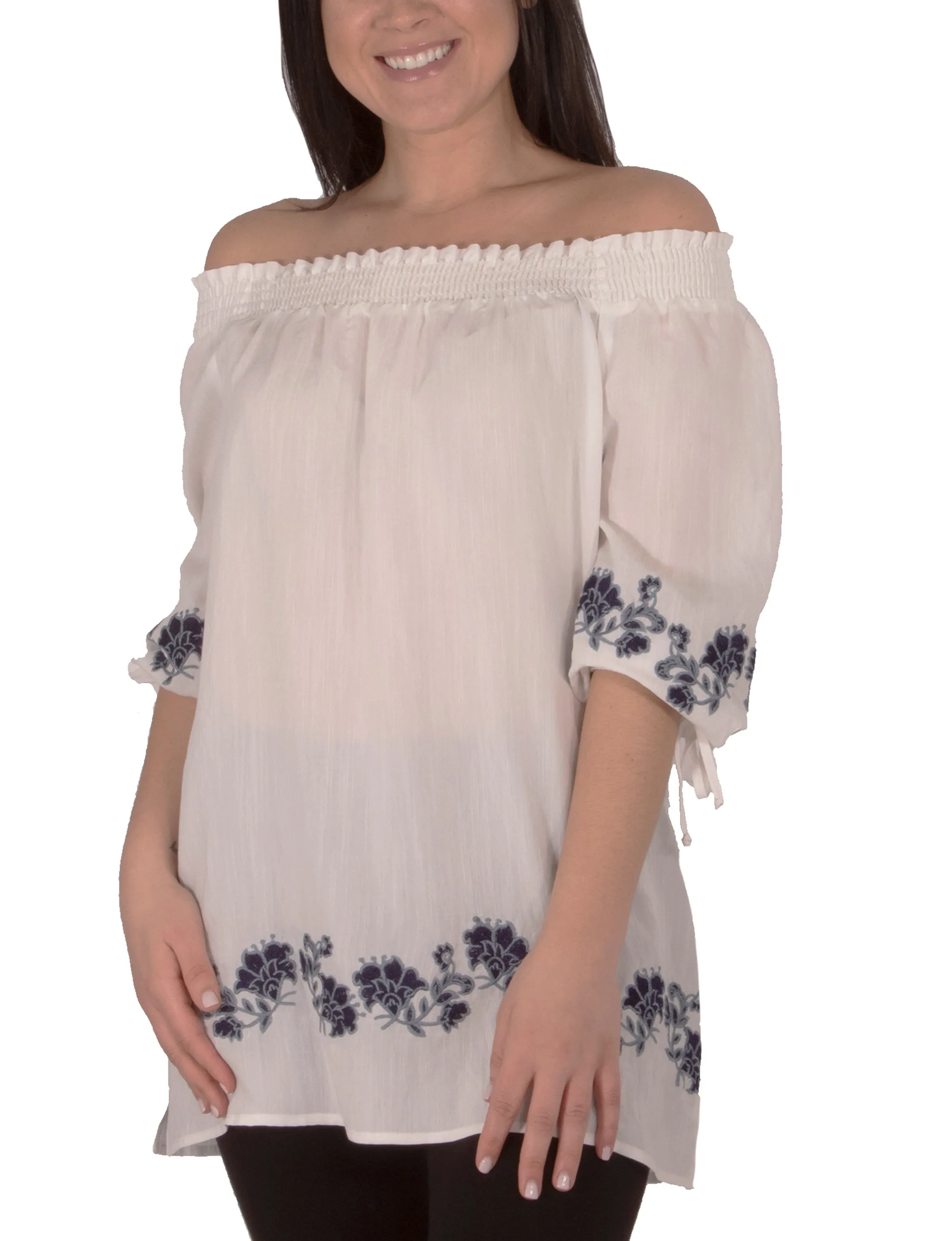 White Embroidered Elbow Sleeve Peasant Blouse sold by Dress Barn