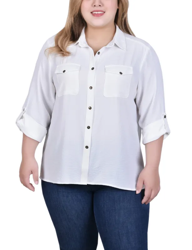 White Long Sleeve Roll Tab Blouse - Plus Size sold by Dress Barn