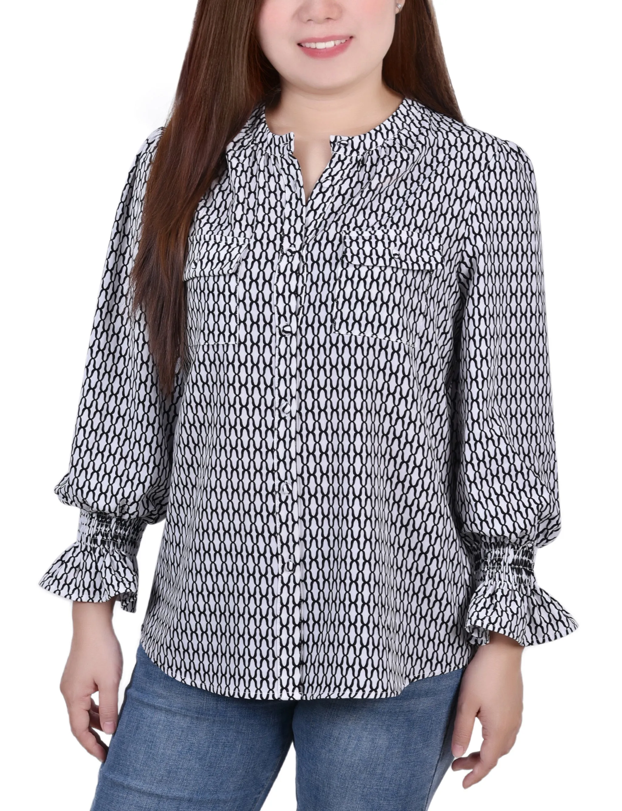 White Long Sleeve Button Front Blouse - Petite sold by Dress Barn