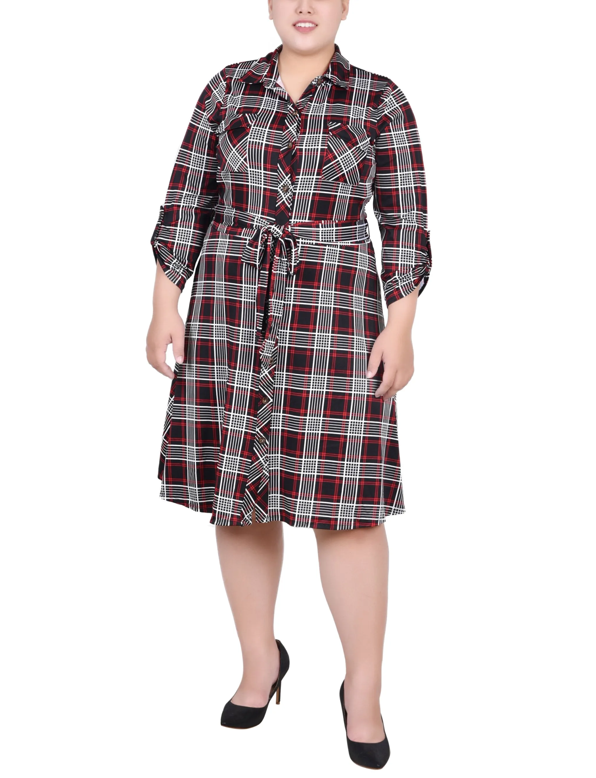 White 3/4 Slv Roll Tab Shirtdress - Plus Size sold by Dress Barn