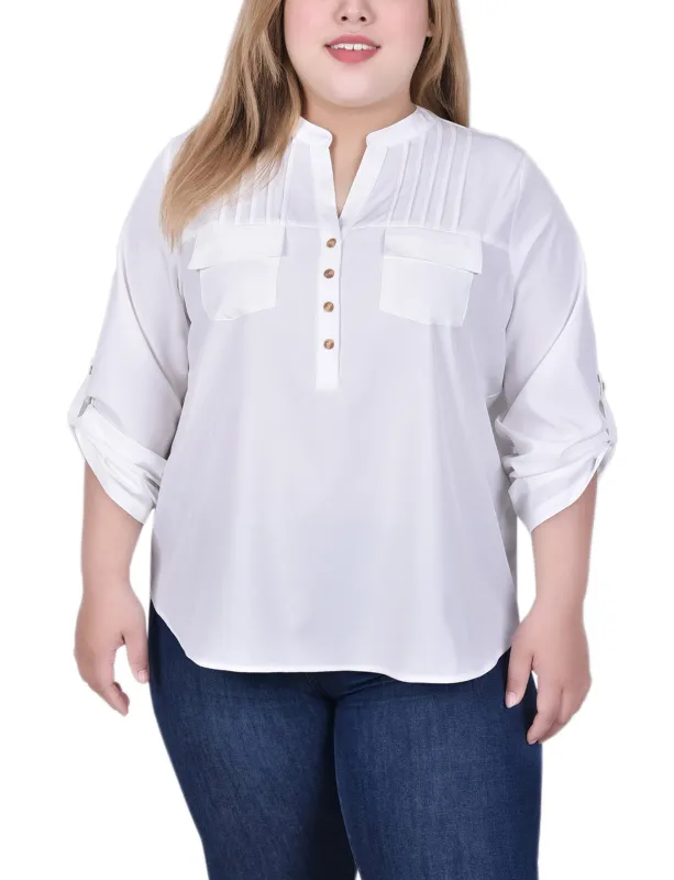 White Long Tab-Sleeve Blouse With Pockets - Plus Size sold by Dress Barn
