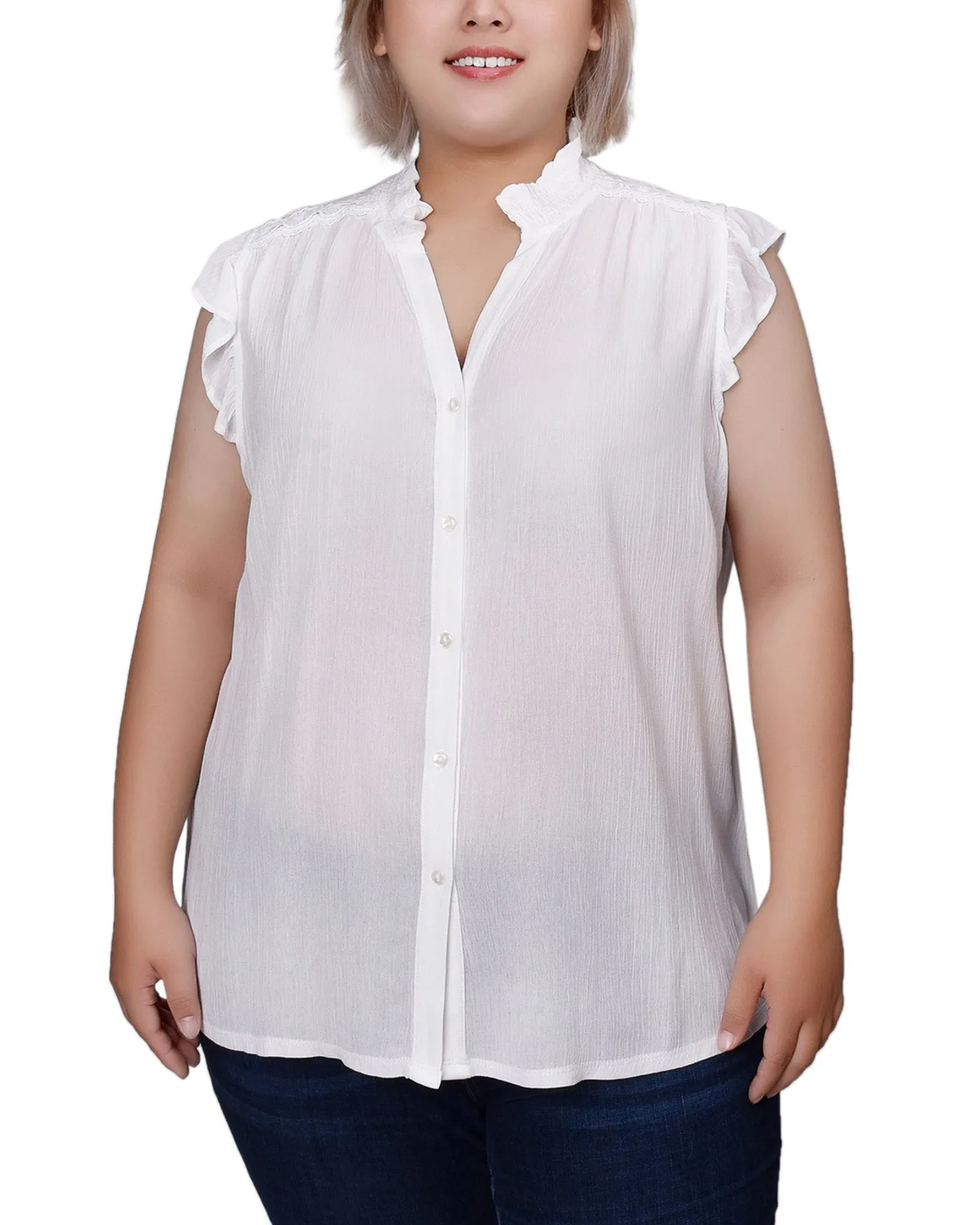 White Short Flutter Sleeve Crepon Blouse - Plus Size sold by Dress Barn