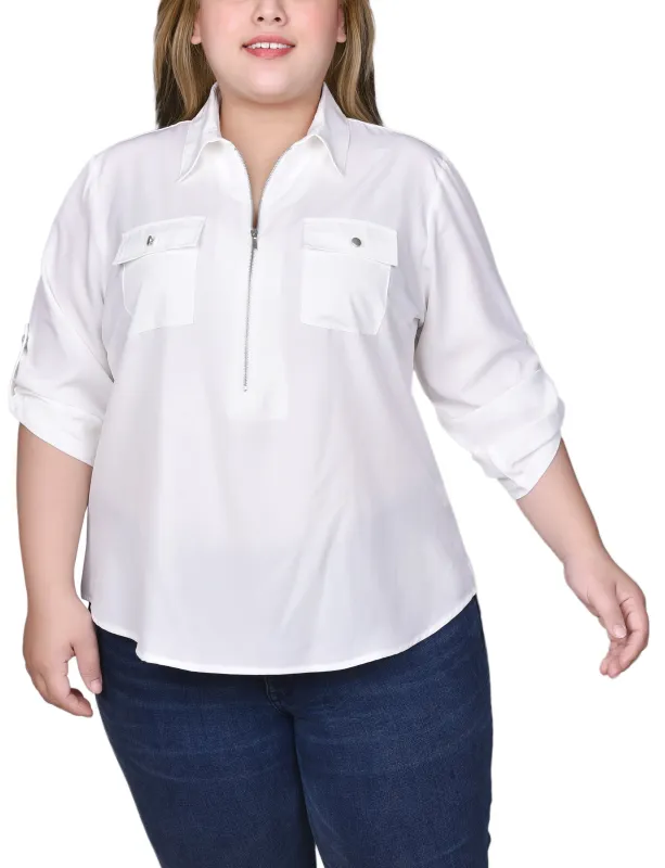 White Tabbed Sleeve Half-Zip Blouse - Plus Size sold by Dress Barn
