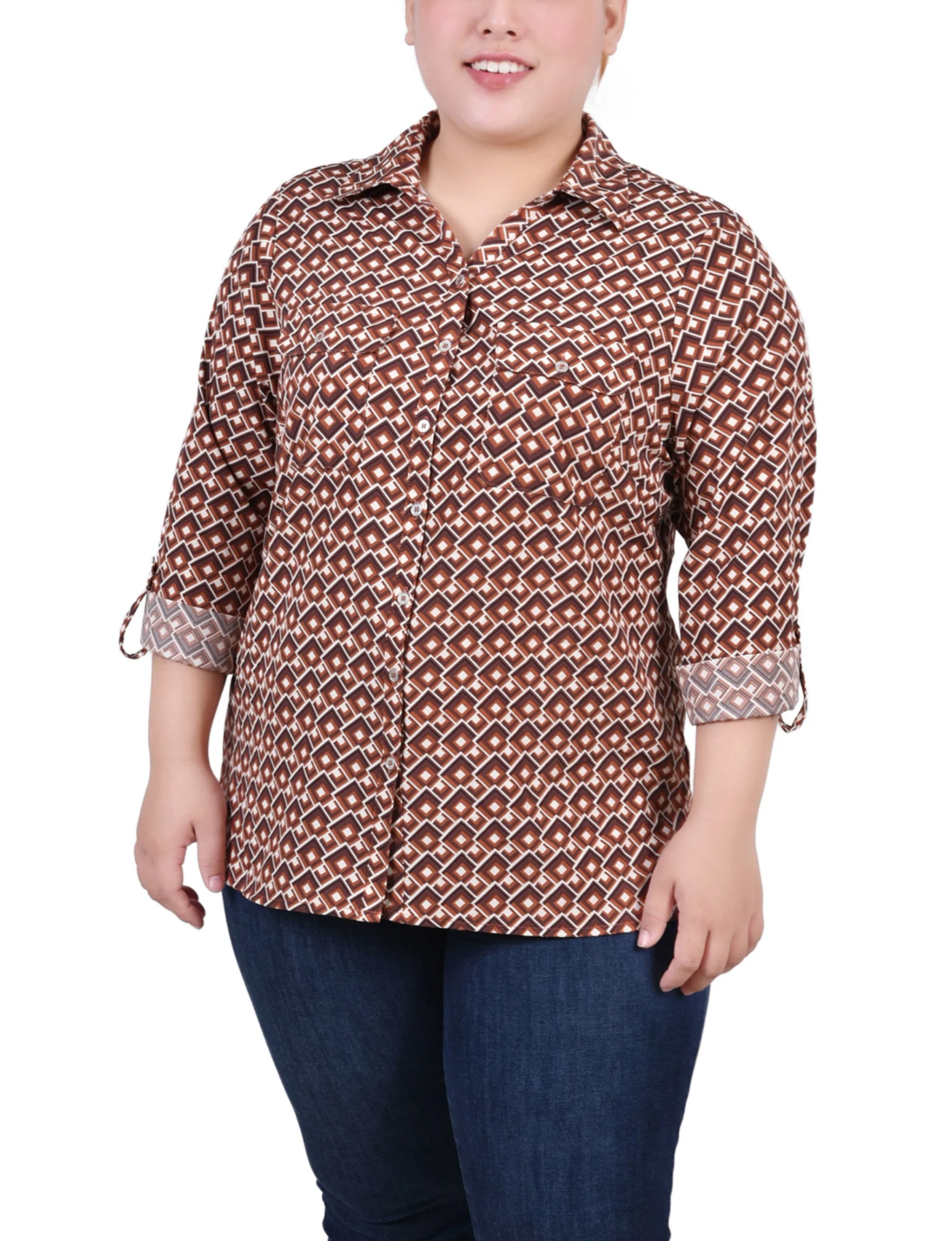 Yellow 3/4 Roll Tab Blouse With Pockets - Plus Size sold by Dress Barn