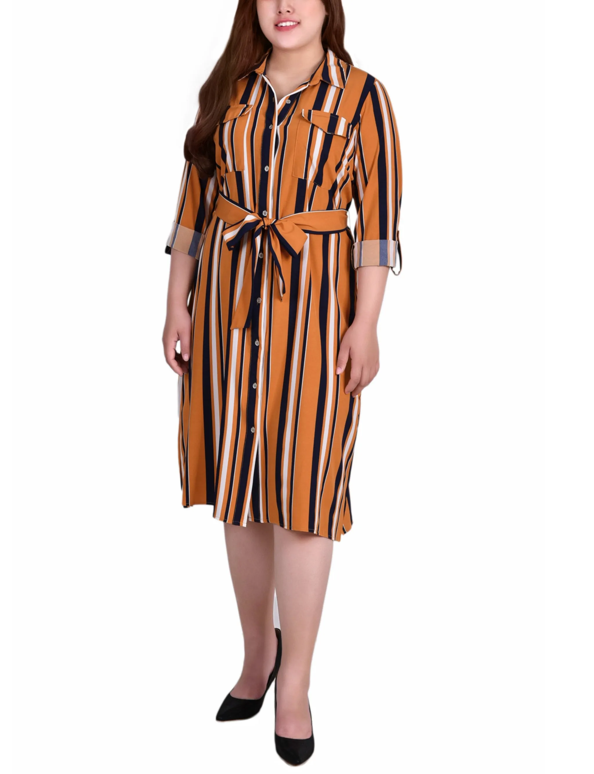 Yellow 3/4 Roll Tab Sleeve Belted Shirtdress - Plus Size sold by Dress Barn