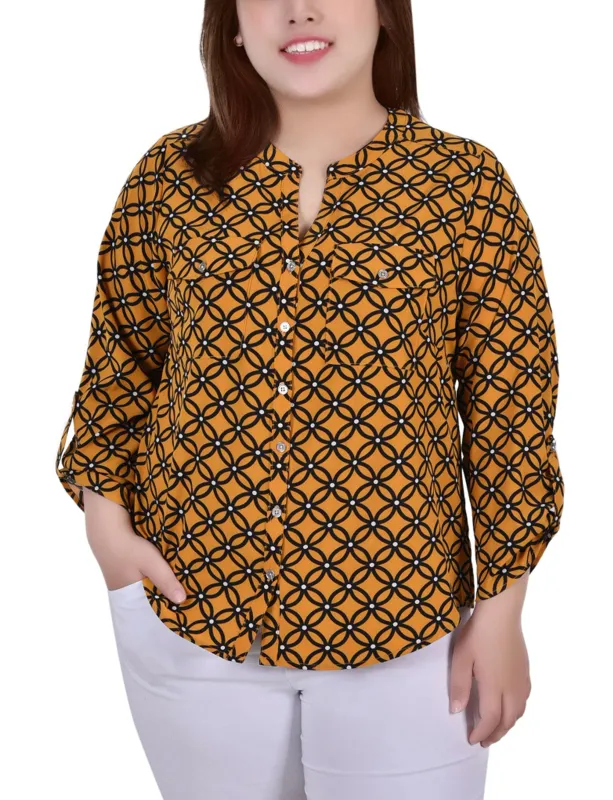 Yellow 3/4 Roll Tab Sleeve Mandarin Collar Blouse - Plus Size sold by Dress Barn