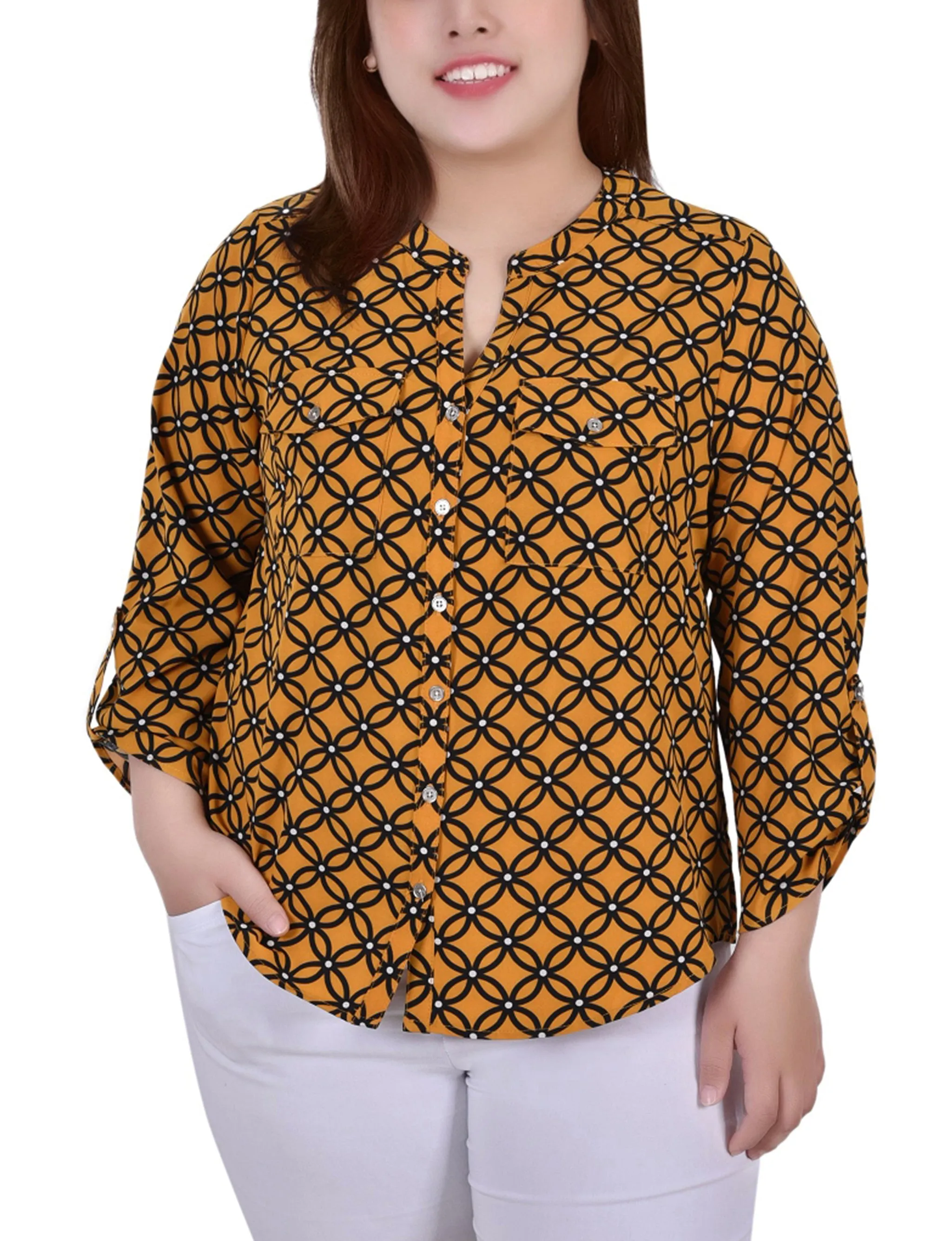 Yellow 3/4 Roll Tab Sleeve Mandarin Collar Blouse - Plus Size sold by Dress Barn