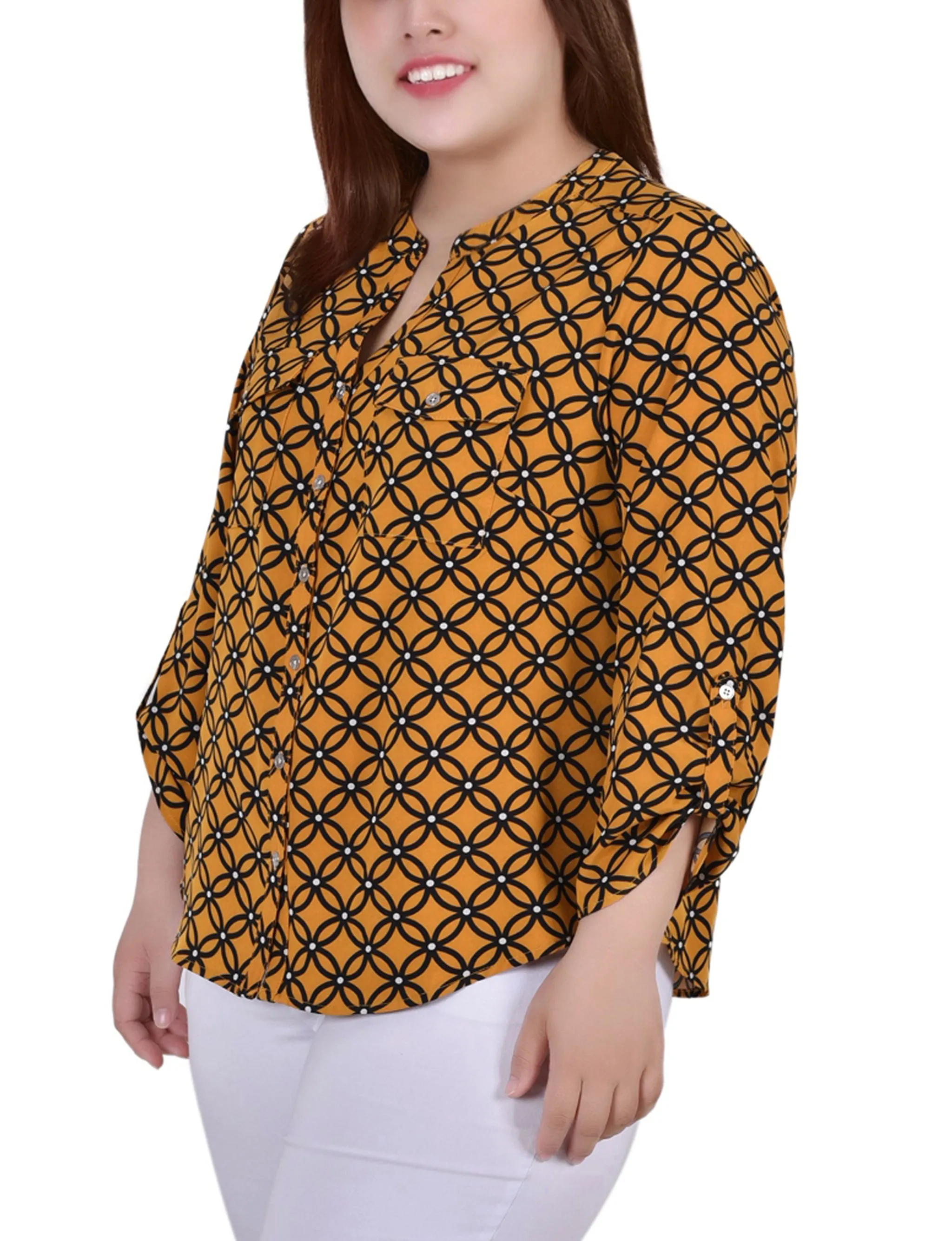Yellow 3/4 Roll Tab Sleeve Mandarin Collar Blouse - Plus Size sold by Dress Barn product image thumbnail 2