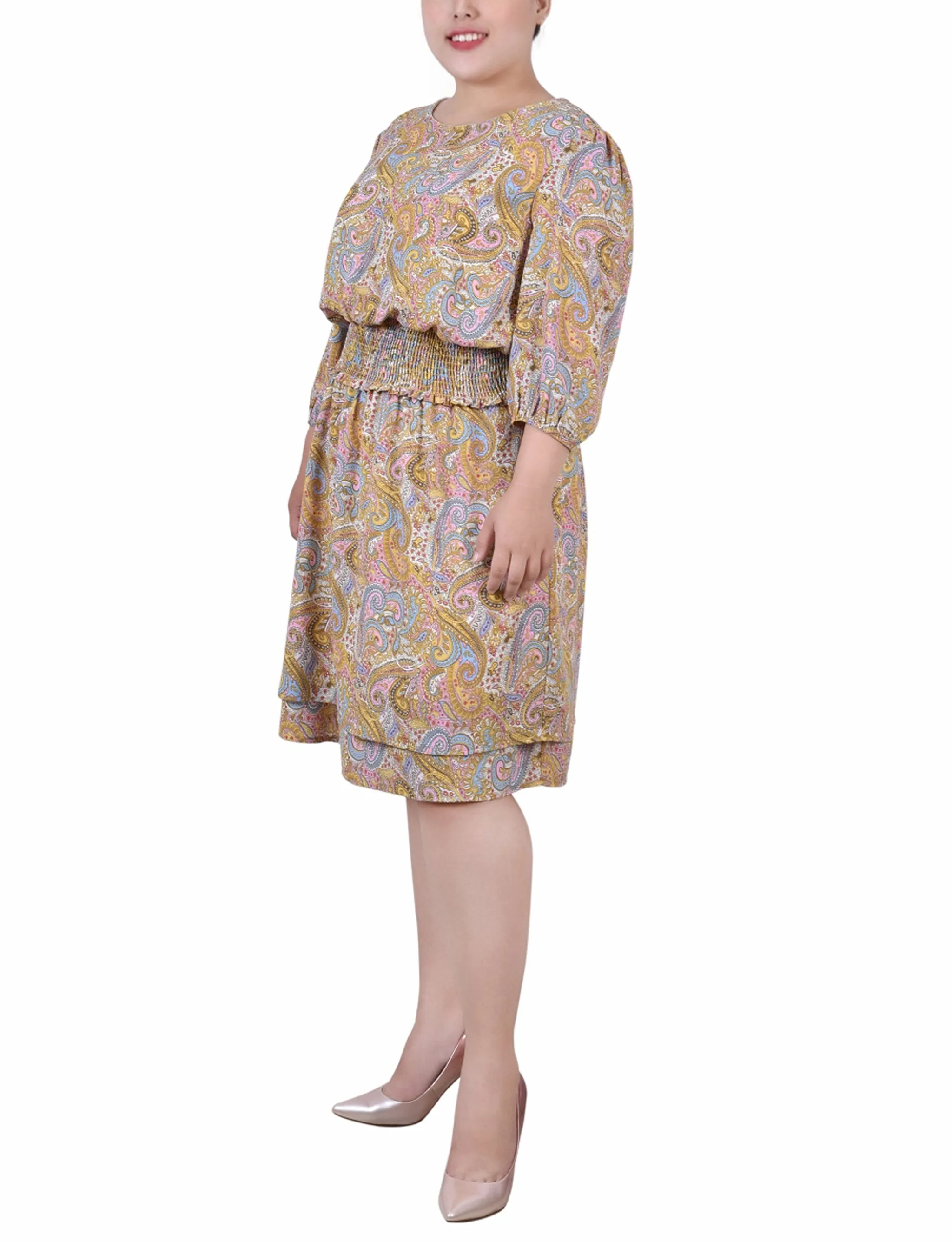 Yellow 3/4 Sleeve Dobby Smocked Waist Dress - Plus Size sold by Dress Barn product image thumbnail 2