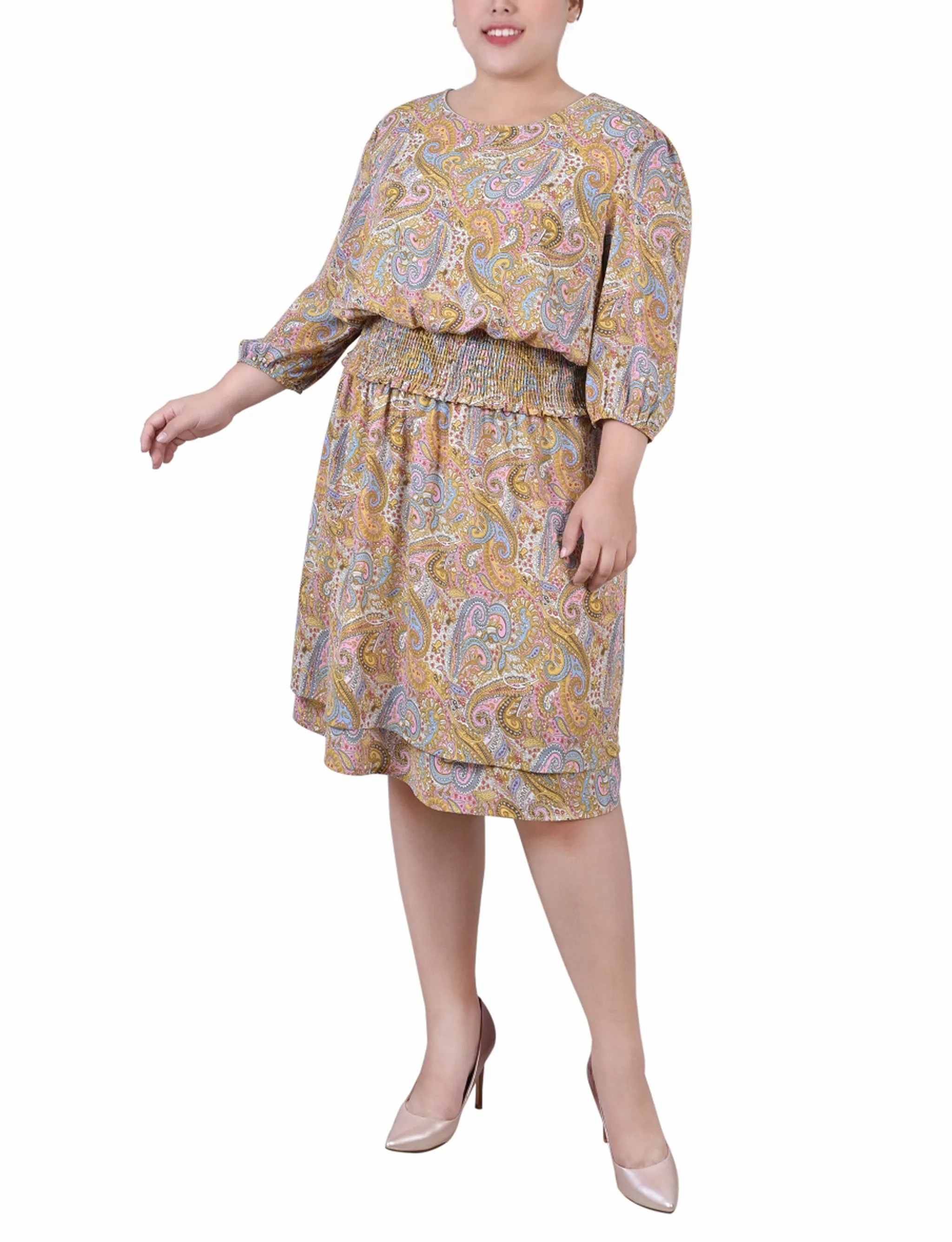Yellow 3/4 Sleeve Dobby Smocked Waist Dress - Plus Size sold by Dress Barn