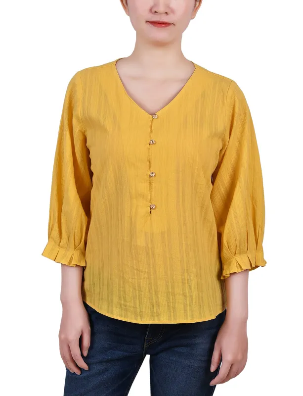 Yellow 3/4 Sleeve Button Placket Jacquard Blouse - Petite sold by Dress Barn